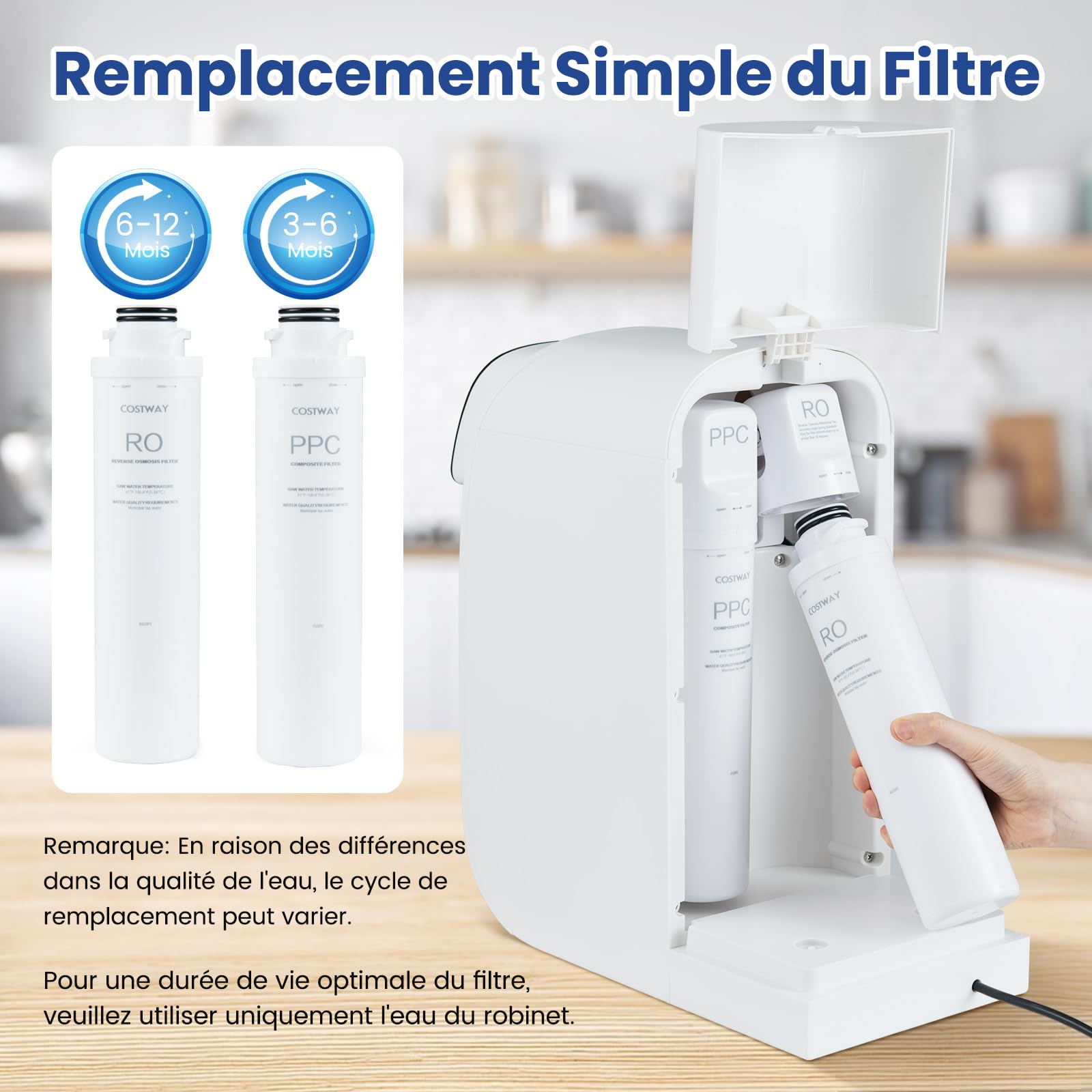 COSTWAY Système d'Osmose pour Eau potable avec Filtration à 5 Niveaux, Lumière UV, Filtre à Eau à Osmose Inverse pour Plan de Travail, Purificateur Portable 4:1 Pure à Évacuation,