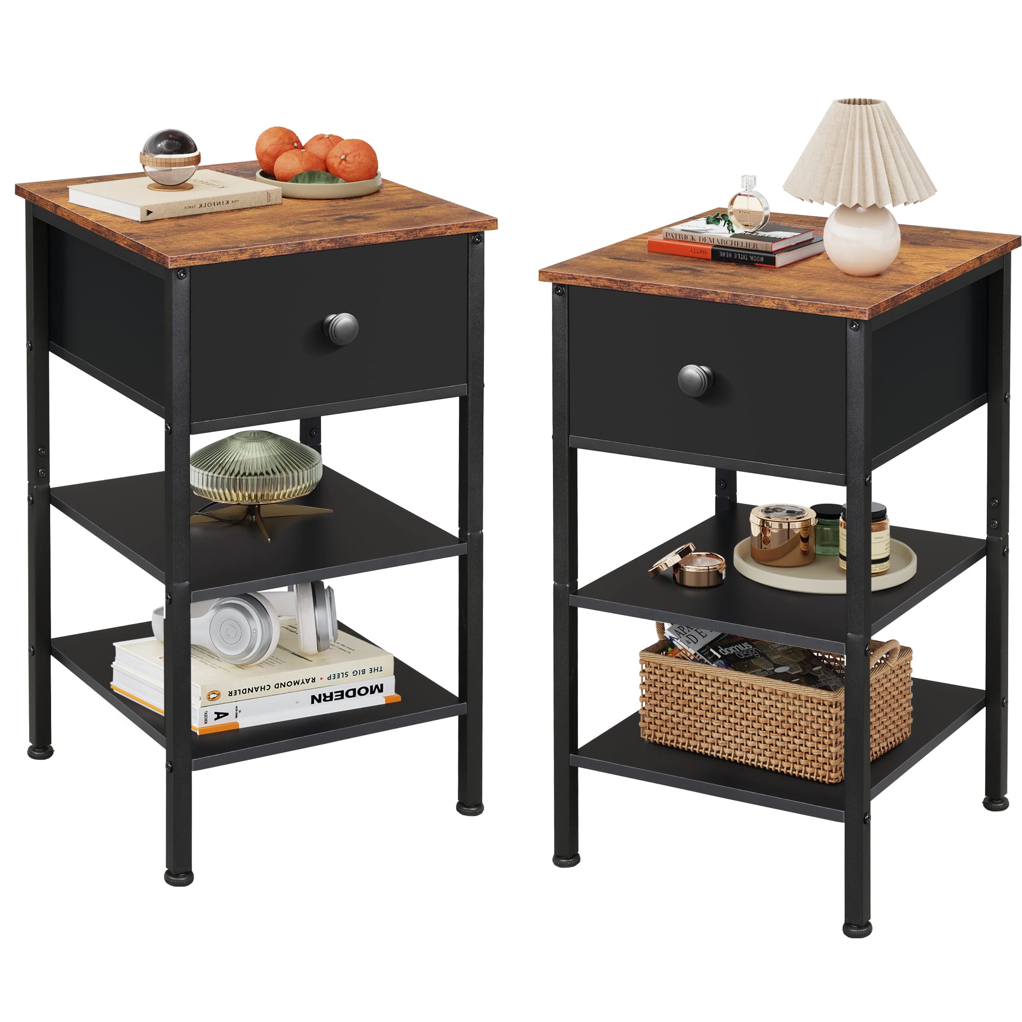 WLIVE Nightstands Set of 2, End Tables with Storage, 3Tier Bedside