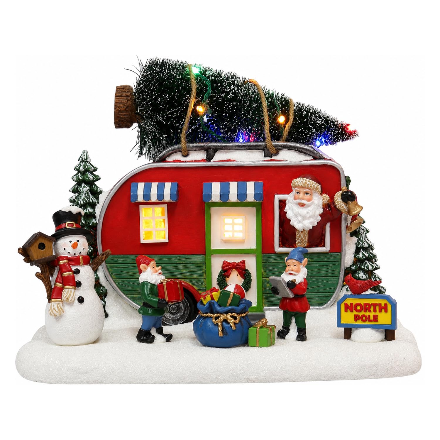 MOMENTS IN TIME Village de Noël LED et remorque musicale du Père Noël 17,8 cm de hauteur (B/O), Décoration de Noel