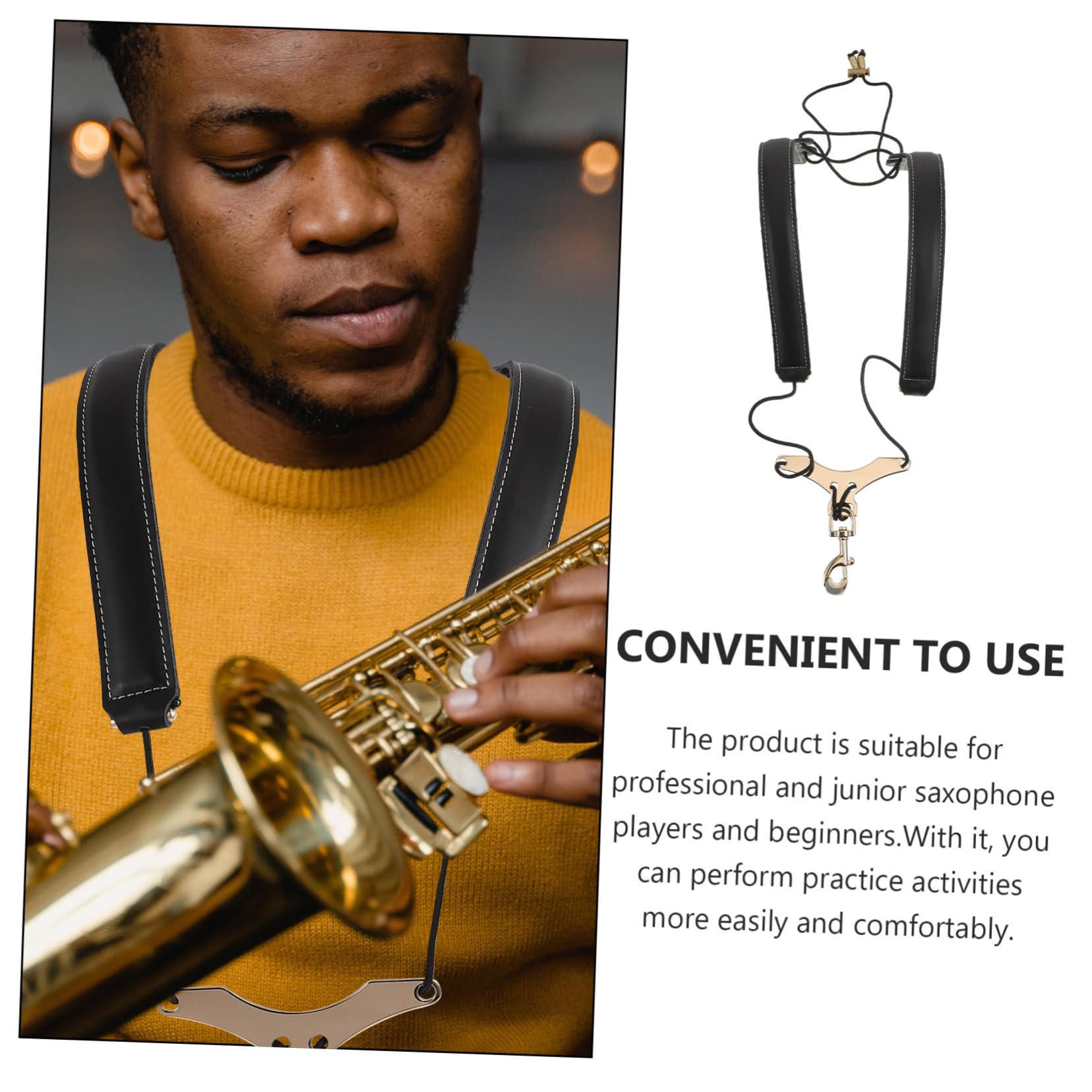 BESTonZON Bandoulière pour Saxophone, Harnais à 2 Épaules en Cuir de Vache et Métal, Noir, Soulage la Nuque et Maintient L’instrument