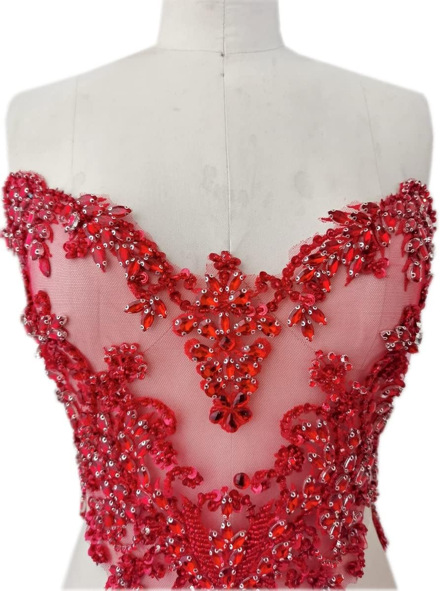 Handmade Rhinestones lace Applique handsewing Beads Sequins Trimming Patches for Dress Clothing Accessories More Colour (Red)