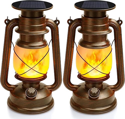 Linterna solar de llama parpadeante impermeable al aire libre: paquete de 2 faroles solares de llama bailarina, linternas colgantes rústicas,