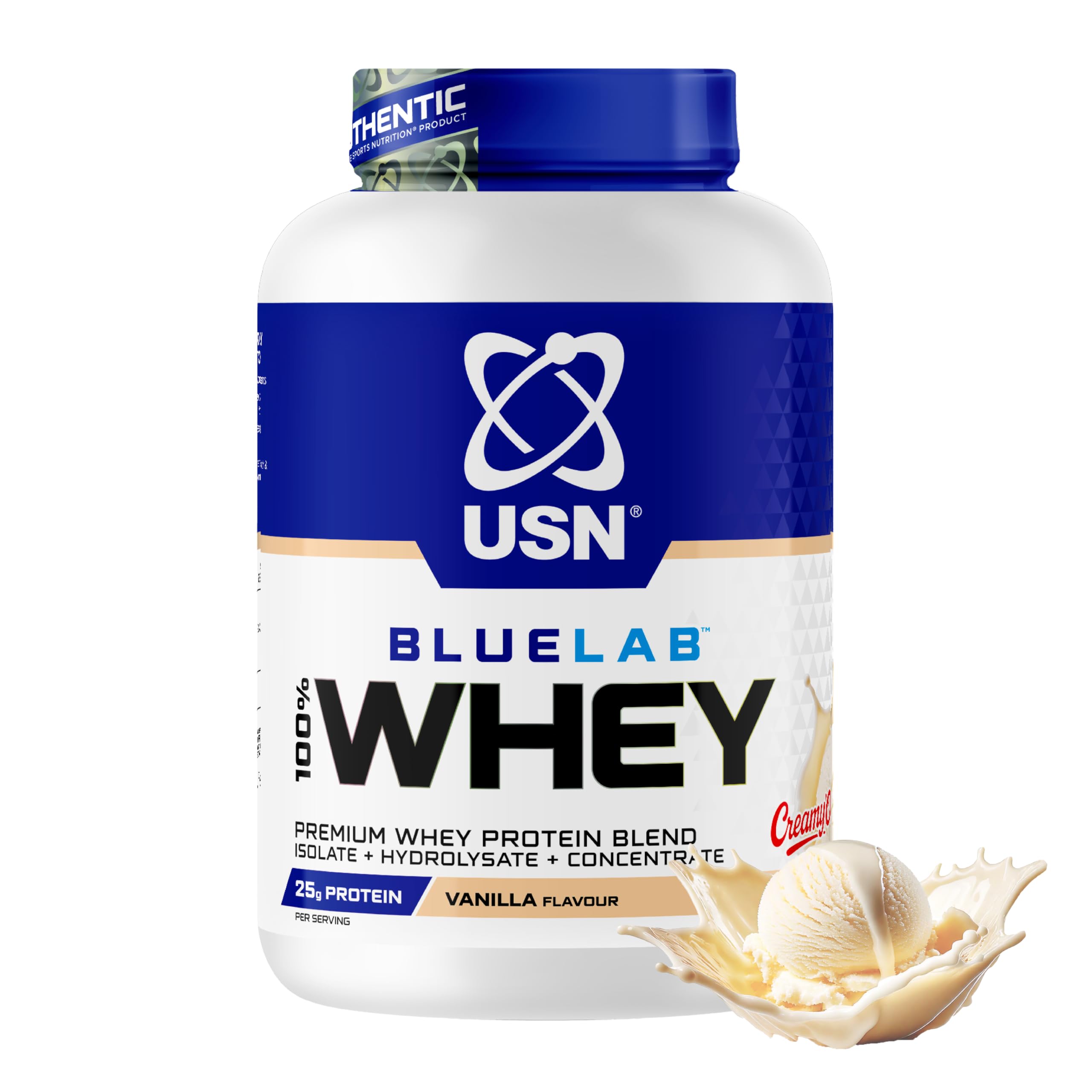 USN BlueLab Whey Protein Powder I Vanilla I 2kg - 58 Servings | 25g Isolate Blend | 131kcal | 6.0g BCAAs | Soy-Free | Low Carb & Fat | Easy Digestion | Post-Workout | Lean Muscle Growth