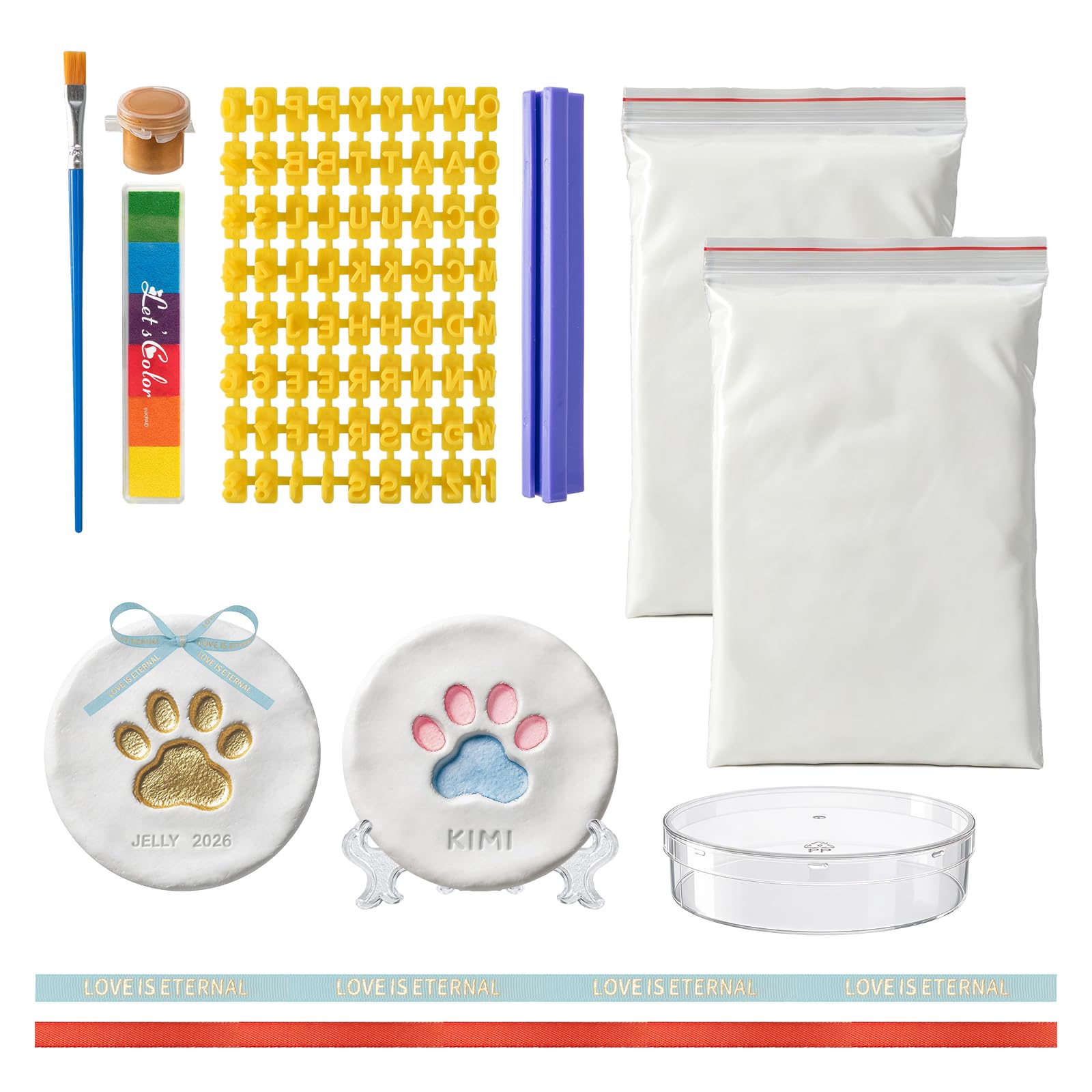 IONEKIUK Pet Pawprint Keepsake Kit (Makes 2) - Dog Cat Paw Print Kit with Alphabet Stamp Set, Paints & Brush, Non-Toxic Air-Dry Clay, Pet Paw Print Impression Kit, DIY Pet Christmas Ornament Gift