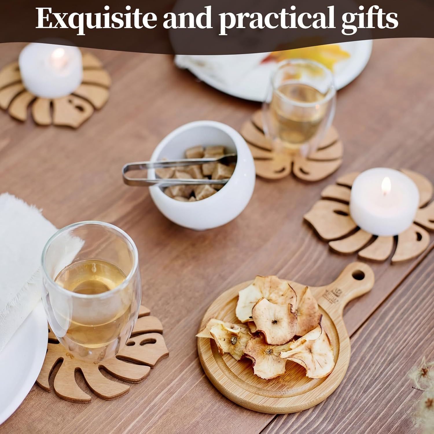 LemonRoad 50 Pcs Wedding Favors for Guests Rustic Engraved Wood Coasters in Bulk Cork Coasters Bulk Thank You for Celebrating with Us Party Favors for Wedding Bridal Shower(Monstera)