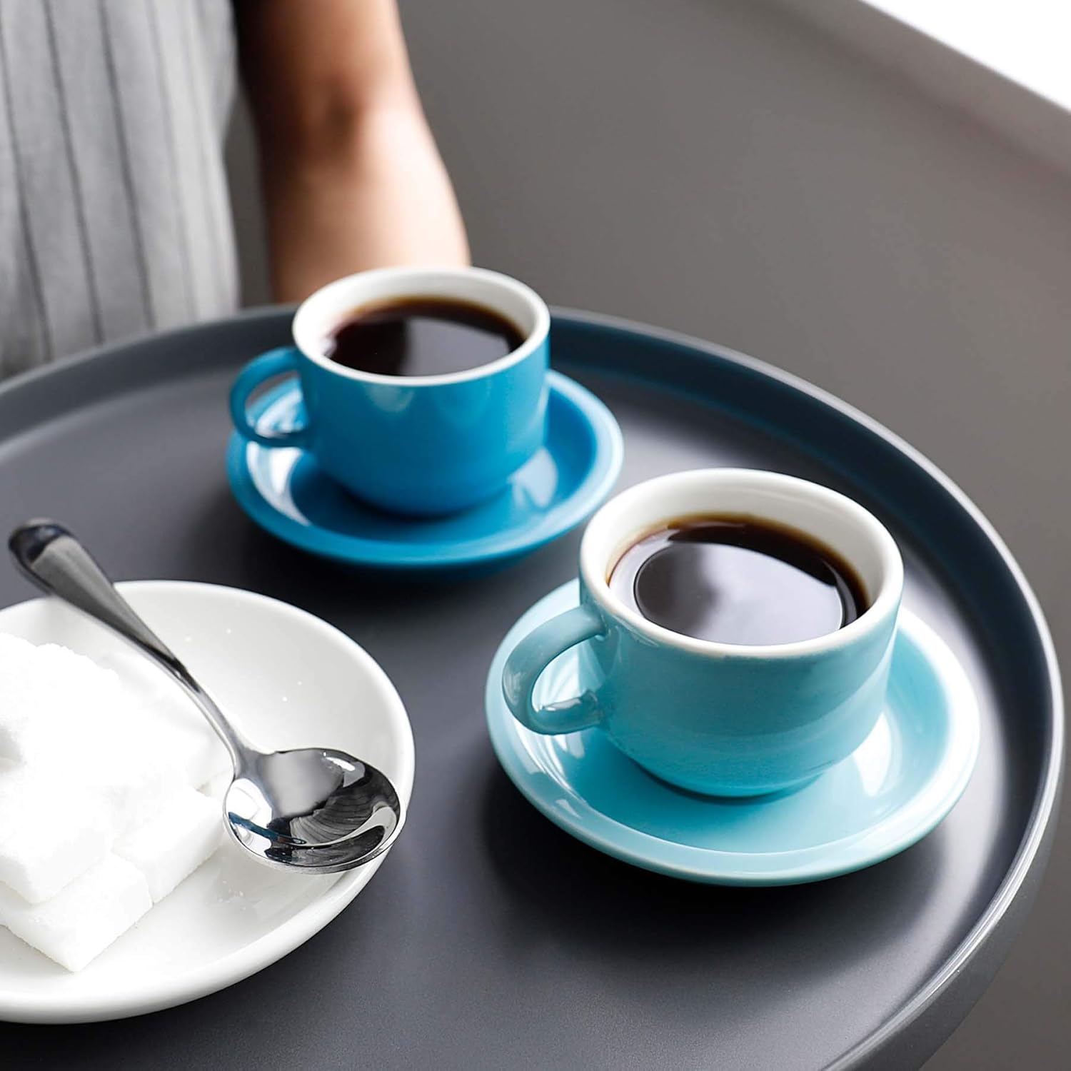 Sweese Porcelain Stackable Espresso Cups with Saucers and Metal Stand - 2.5 Ounce for Specialty Coffee Drinks, Latte, Cafe Mocha and Tea - Set of 6, Cool Assorted Colors