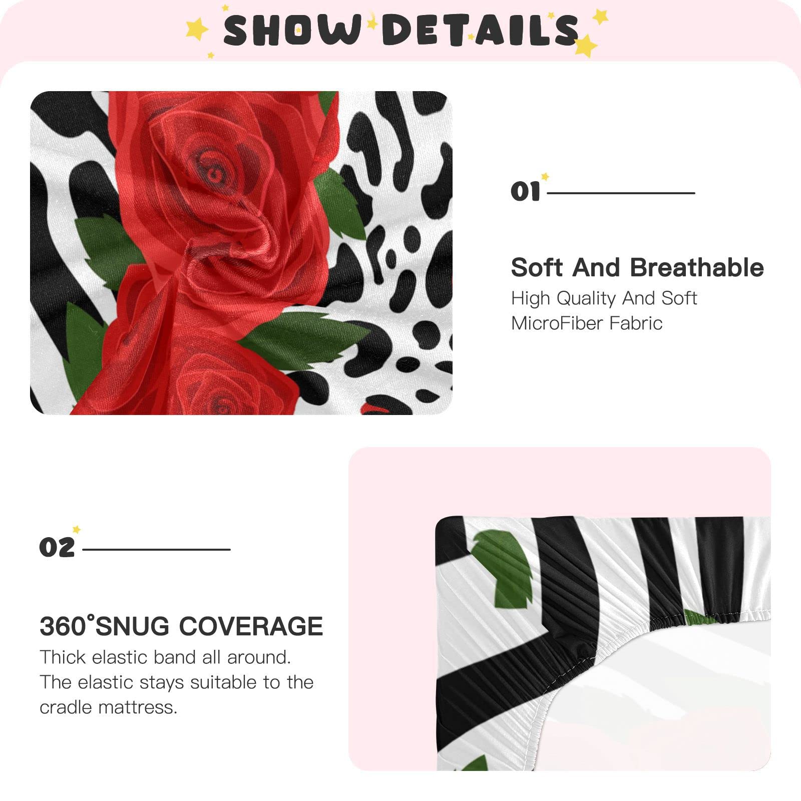 Spannbettlaken für Kinderbett, Zebra-Leopardenmuster, rote Rose, weich, atmungsaktiv, pflegeleicht, Spannbetttuch für Babybett und Kinderbetten
