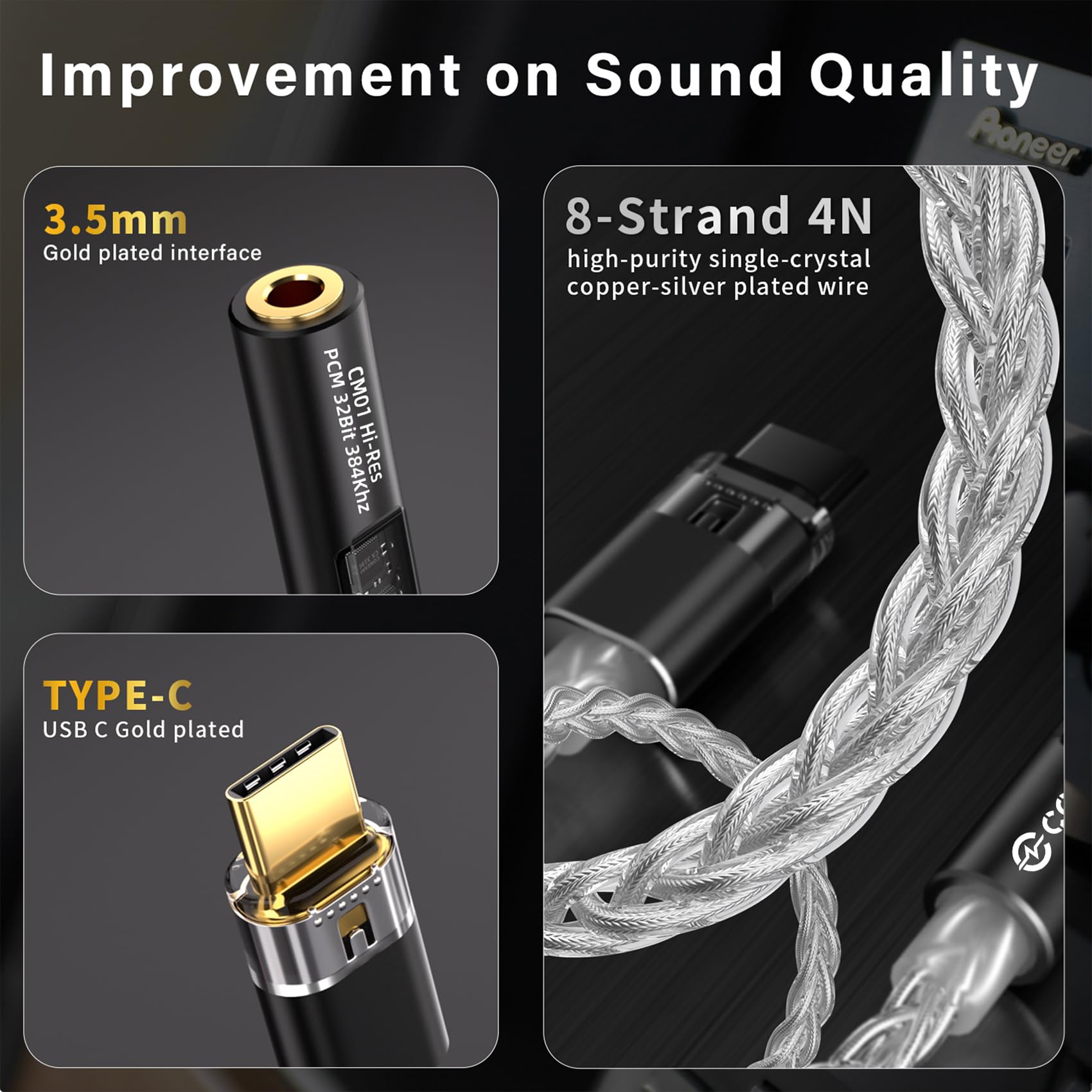 CCZ CM01 Adattatore per cuffie DAC da USB C a jack da 3,5 mm MAX97220 Amp Conexant CX31993 Chip di decodifica, convertitore audio ad alta risoluzione 24 bit/384 kHz con cavo placcato in argento