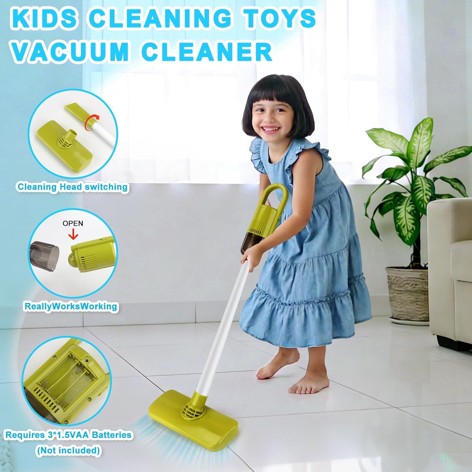 TOSUTO Aspirateur Enfant Qui Aspire Vraiment avec Fonction d'aspiration et sonore,14 Pièces Kit Menage Enfant,kit de Nettoyage,Jouet pour Enfants à partir de 3 Ans (Vert) - 5