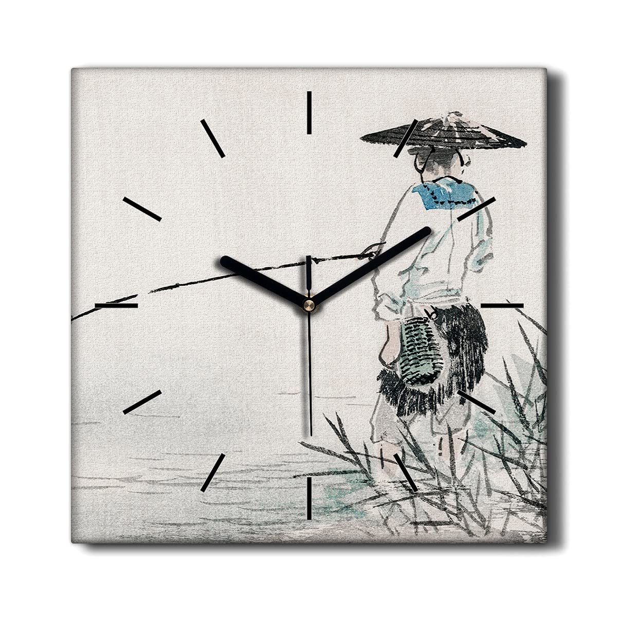 Horloge sur toile l'eau pêcheur 30x30cm, la poésie du temps suspendu
