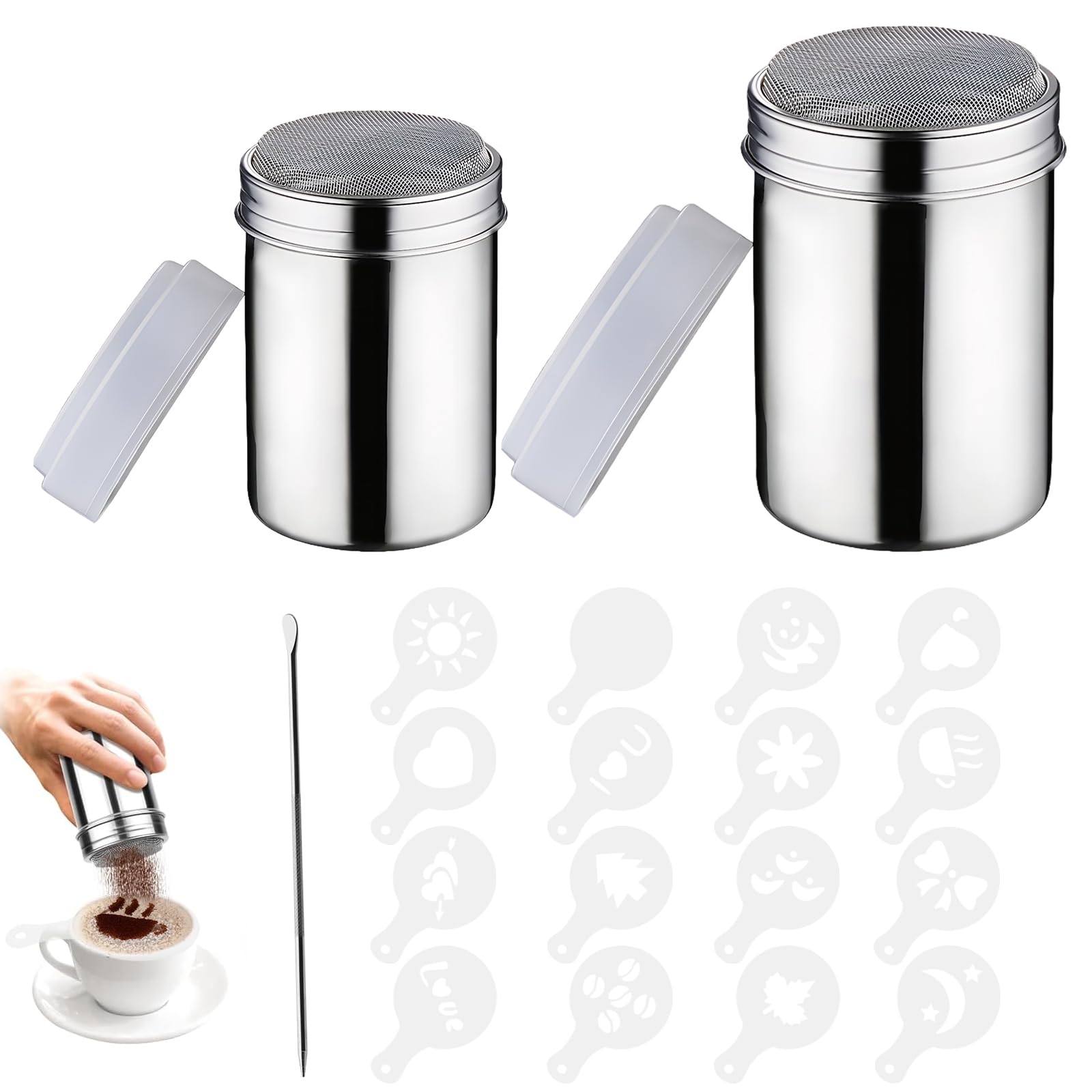 2 Spargizucchero In Acciaio Inox – Set Da Caffè Con Coperchio E 16 Stampini Per Decorazioni – Per Cacao, Cannella, Zucchero A Velo