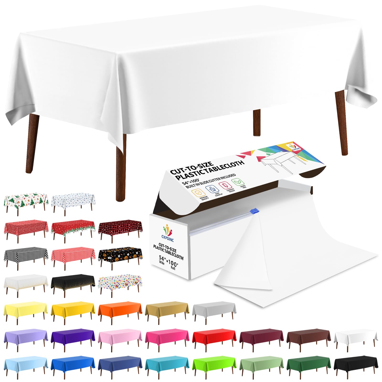 CXPSINC 54 Inch X 100 Feet Plastic Table Cover Roll Disposable Tablecloth with Slide Cutter for All Type/Shape Tables | Party, Banquet, Birthdays, Weddings(White, 100 Feet)