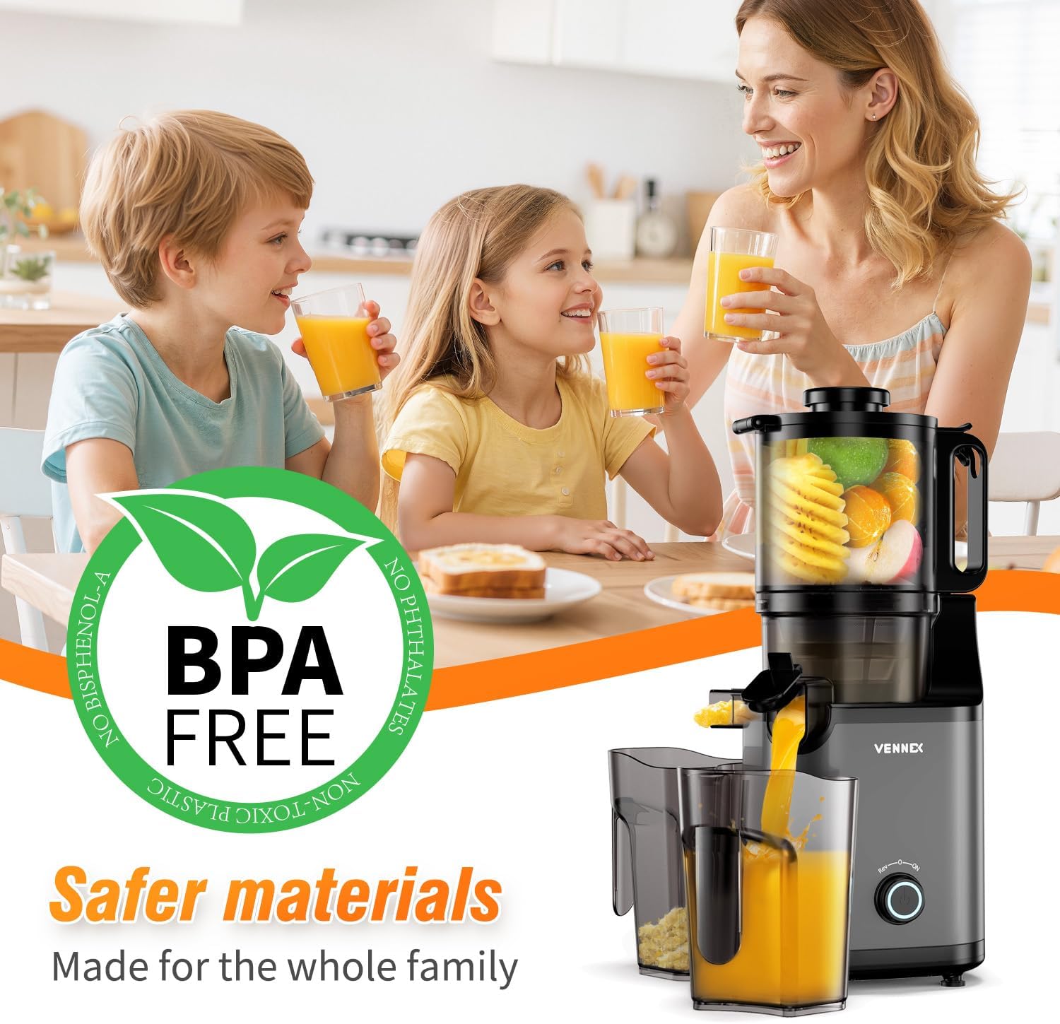 BLACK VENNEX Cold Press Juicer, BPA Free, 5.7 Extra Large Feed Chute, Juice Extractor Machine with Dual Auger for Whole Vegetables and Fruits, Masticating Juicer with High Juice Yield, Easy to Clean