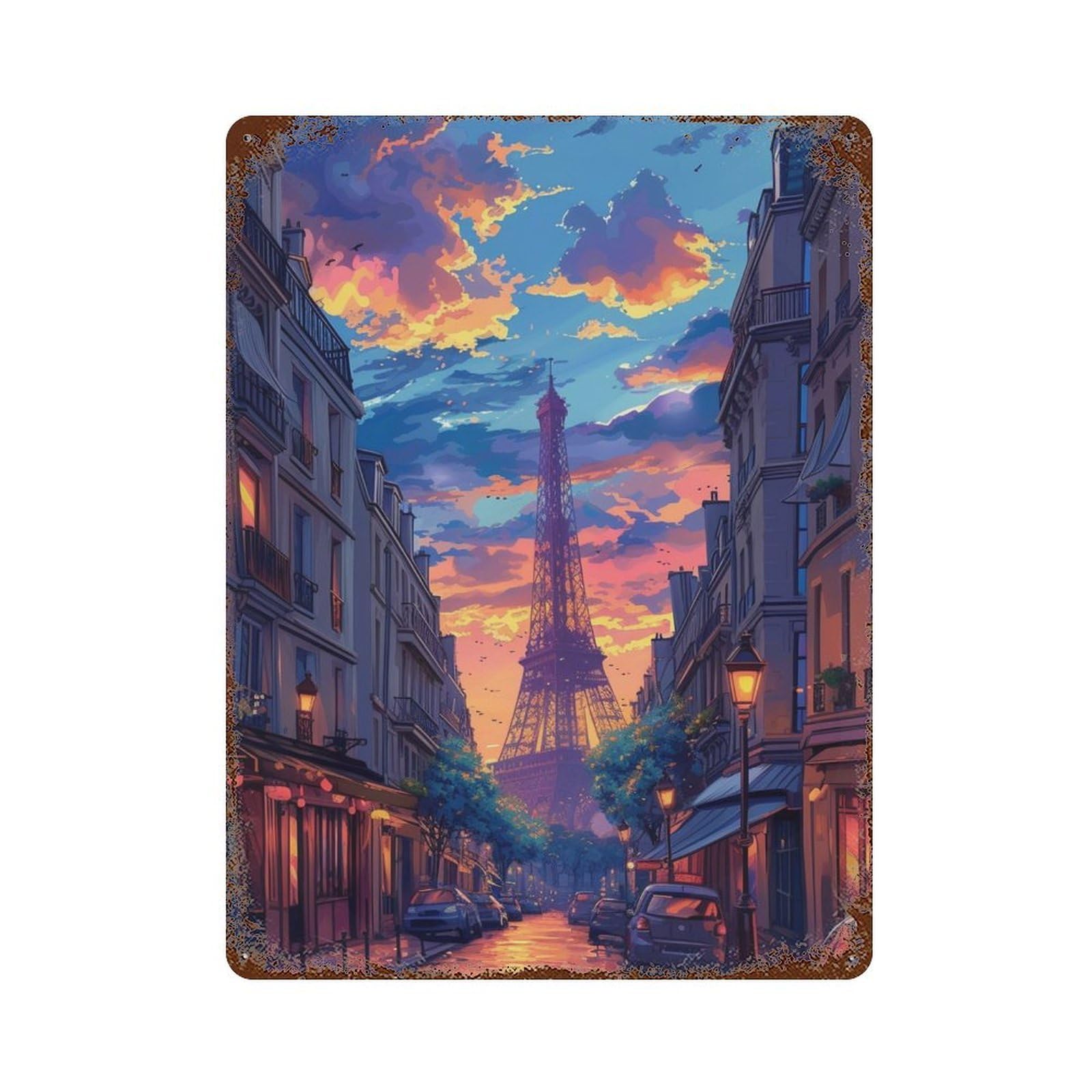 Vintage Rust Metal Sign Paris Sunset Street Scene 15.7"x11.8", Old School Wall Decor for Garage, Bar And Workshop Decor