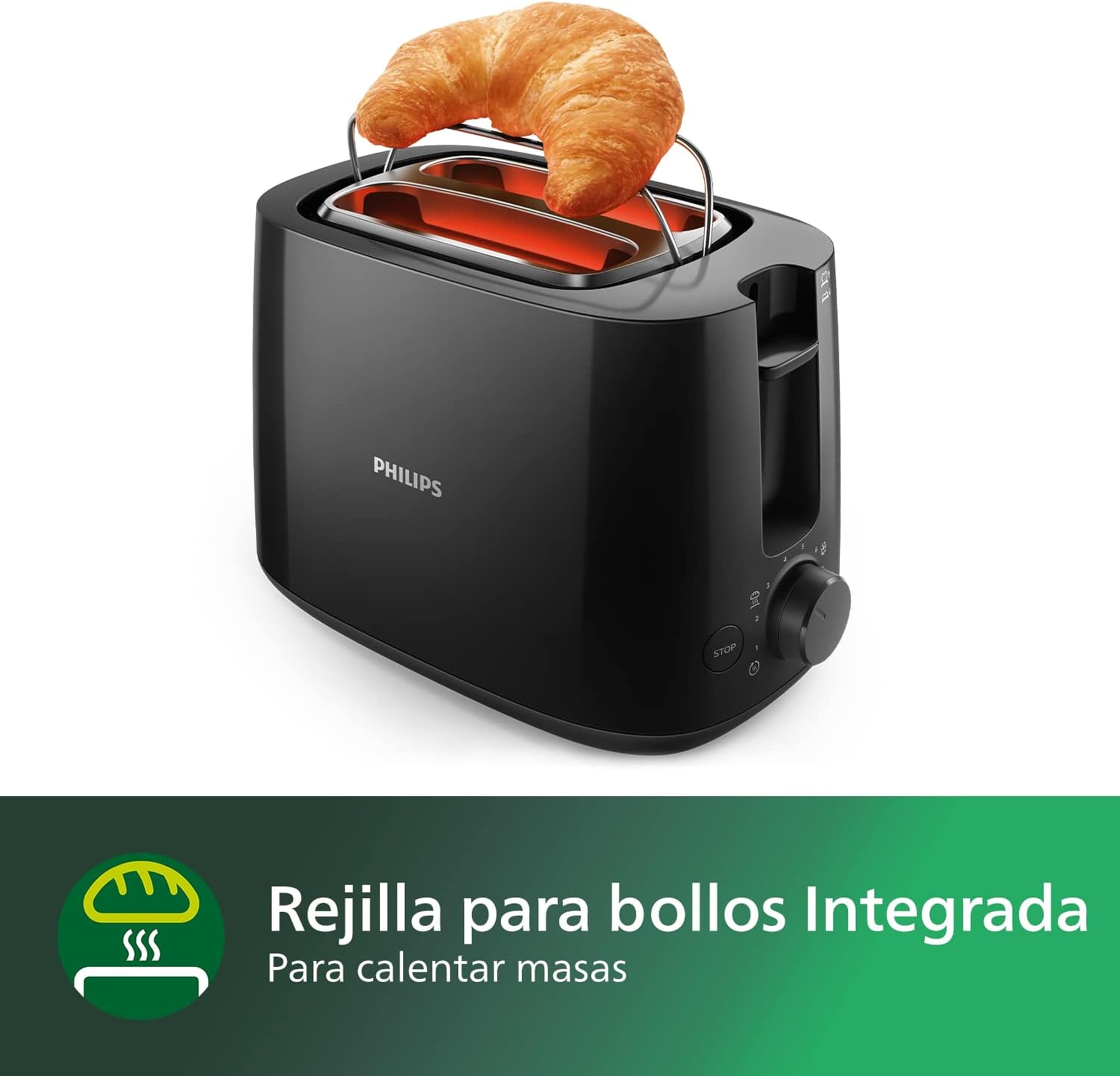 Philips Daily Collection Tostadora, 2 Ranuras, 8 Opciones Ajustes, Rejilla Calientabollos y Descongelación, Elevación Alta, Apagado Auto, Negro (HD2581/90)