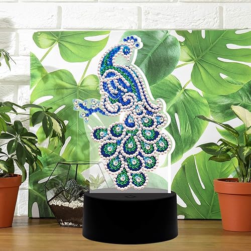 Miniatura 4 de pigpigboss Luz nocturna LED de pintura de diamantes de pavo real, lámpara nocturna de pintura de diamantes 5D con 7 colores, diamantes de imitación