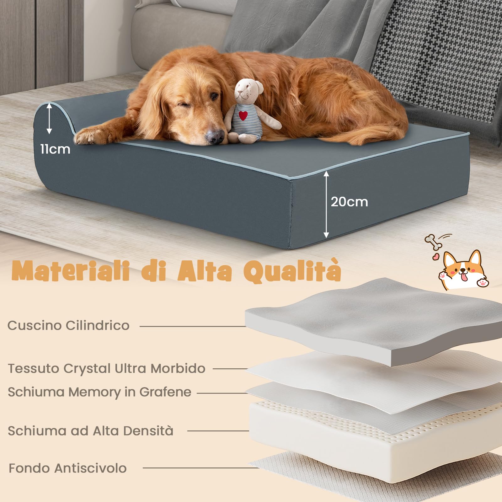 COSTWAY Letto Ortopedico per Cani Grandi, Lettino per Animali Domestici in Schiuma di Memoria con Poggiatesta, Copertura Rimovibile e Lavabile e Fondo Antiscivolo per Cani Anziani con Artrite