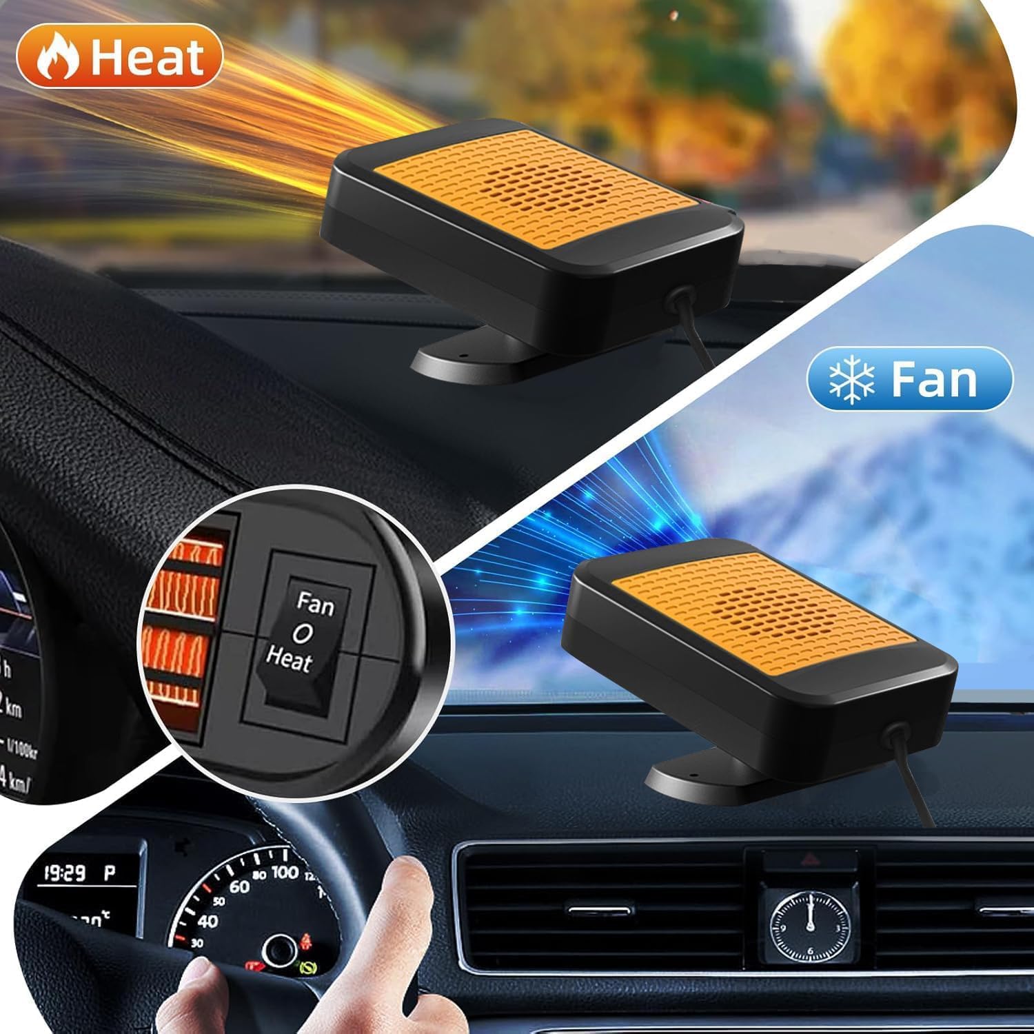 Auto Heizung, 12V 200W Tragbar Schnell Aufheizend Autoheizung, Windschutzscheiben-Defogger, Stecker für Zigarettenanzünder, 360-Grad-Dreh-Demister für 12V Fahrzeuge