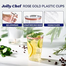 JOLLY CHEF 100 Pack Rose Gold Plastic Disposable Cups, 12 oz Clear Plastic Cups Tumblers, Elegant Rose Gold Rim Disposable Glasses Suitable for Party Wedding