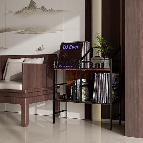 Miniatura 4 de Estante de almacenamiento para discos de vinilo, 200 LP de madera para álbumes, libros, revistas, archivos para sala de estar y dormitorio