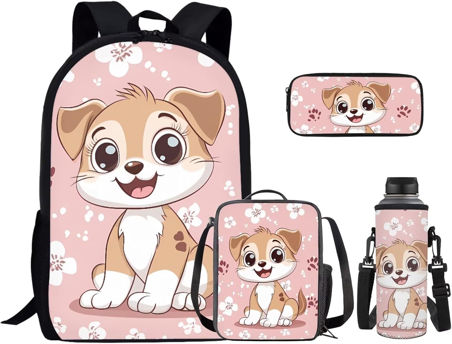 Cute Dog Backpack for School Girls Schoolbags with Lunchbox Pencil Case Bottle Sleeve 4 in 1 Elementary Bookbags for Girls Back Packs Casual Dayapck Rucksack for Summer Camps