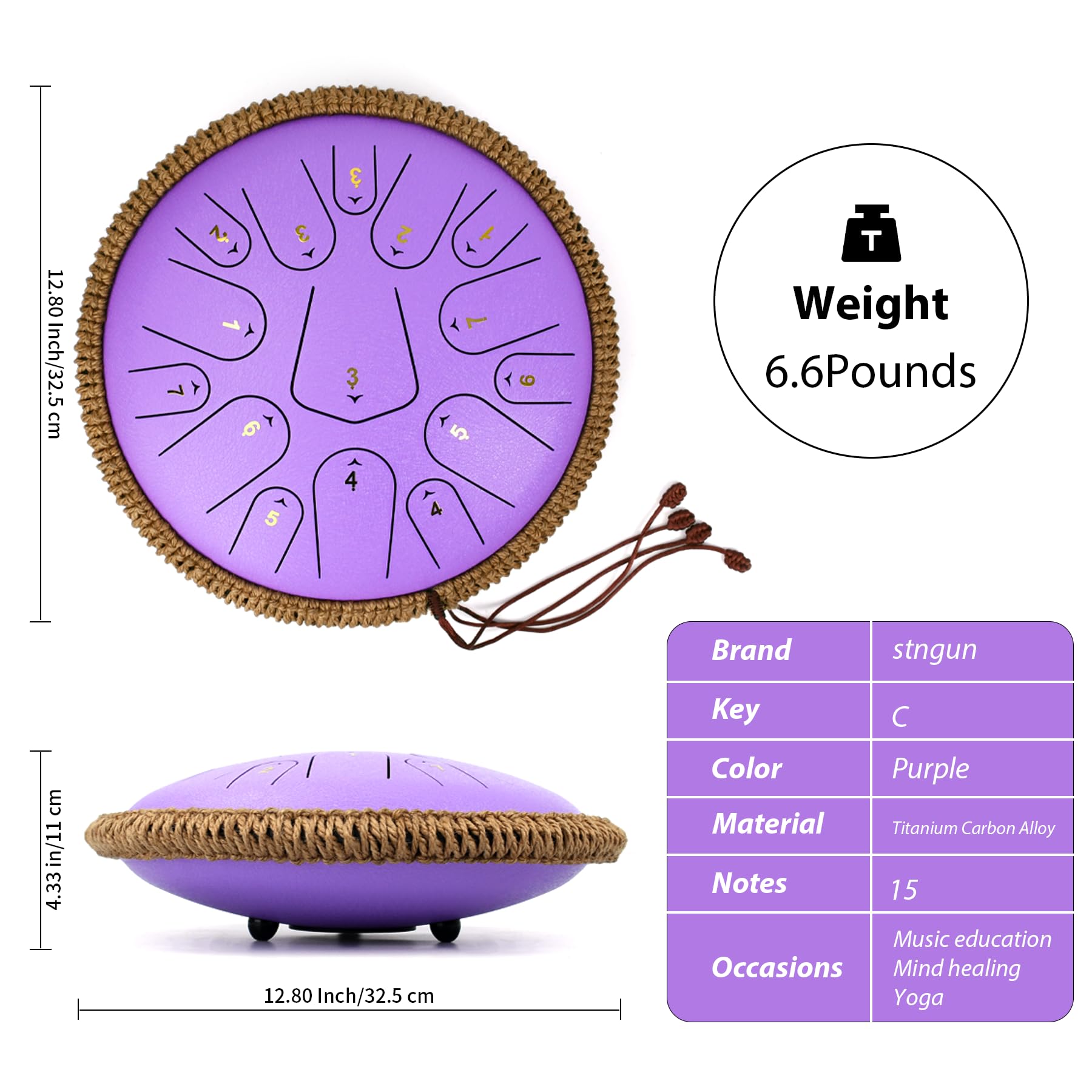 Tambour à langue en acier de 33 cm, 15 notes, do majeur 440 Hz pour adultes, enfants et débutants, cadeau de méditation, avec livre de musique, maillets et sac de transport (violet)