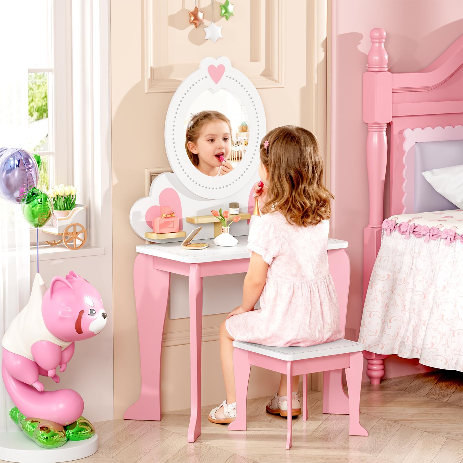 MAMIZO Toeletta per Bambini, Toeletta Trucco con Sgabello e Specchio Rimovibile, Set Tavolo Trucco 2 in 1 a Forma di Cuore, Scrivania per Bambini, 50x33x91cm (Rosa)