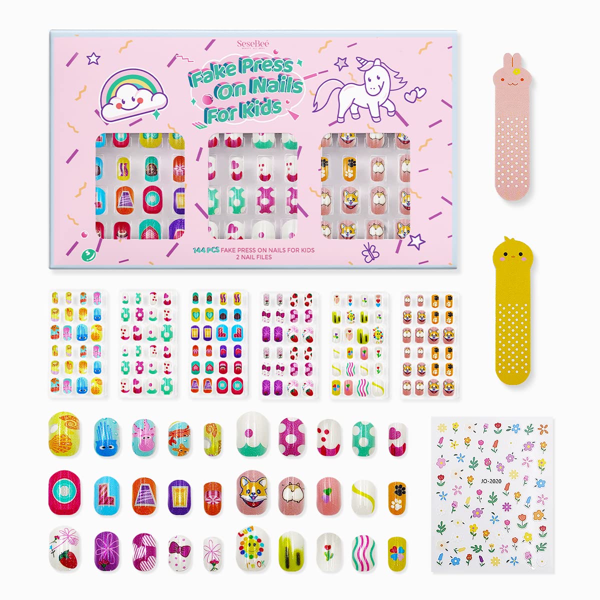 144Pcs 6 Pack Press on Nails for Kids Children Acrylic Fake Nails Pre-glue Full Cover Glitter Gradient Color Animal Short False Nail Art Kits Sets Valentines Day Gifts for Kids Girls