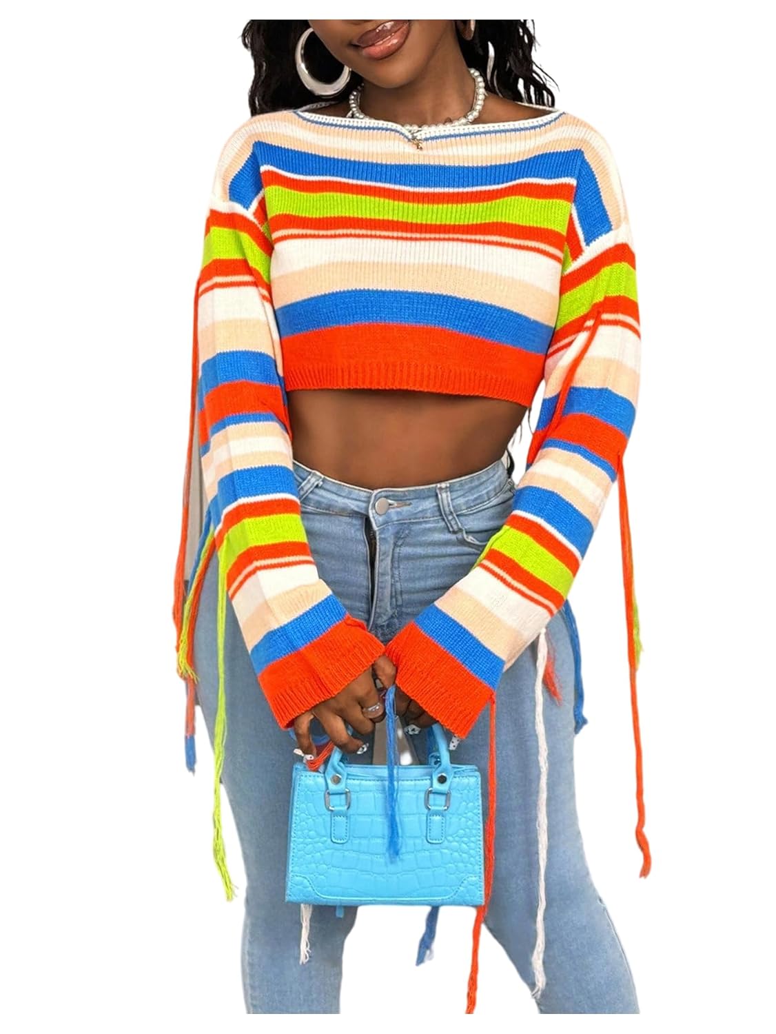 OYOANGLE Womens Colorblock Fringe Crew Neck Cropped Sweaters Knit Long Sleeve Crop Tops Stripes Fall Pullover Sweater