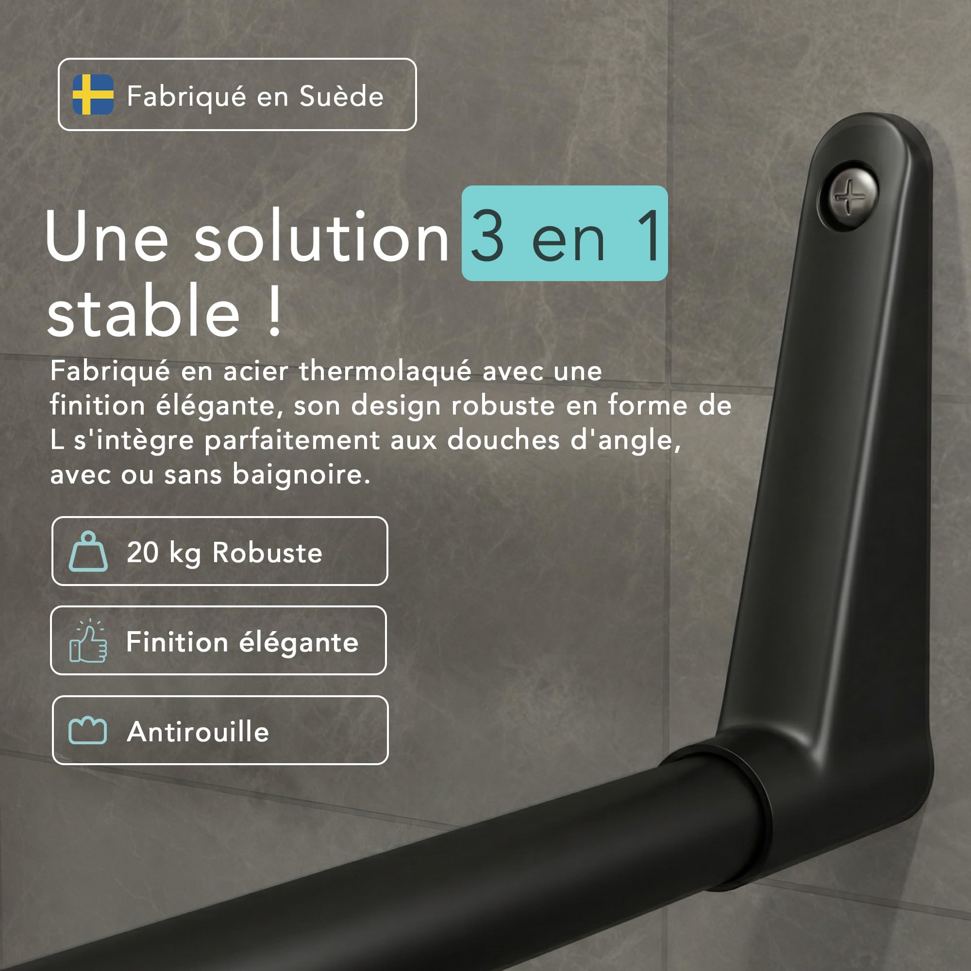 Erica Tringles de Rideau de Douche pour angle. 70x90/70x160cm Fixation pour Coins ou Baignoire, Barre de Rideau de Douche sans Support au Plafond, Revêtement en Poudre, 100% Inoxydable. Noir.