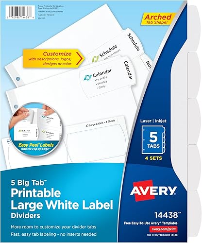 Avery Separadores grandes imprimibles de etiquetas blancas grandes con fácil despegar, 5 pestañas, 4 juegos (14438)