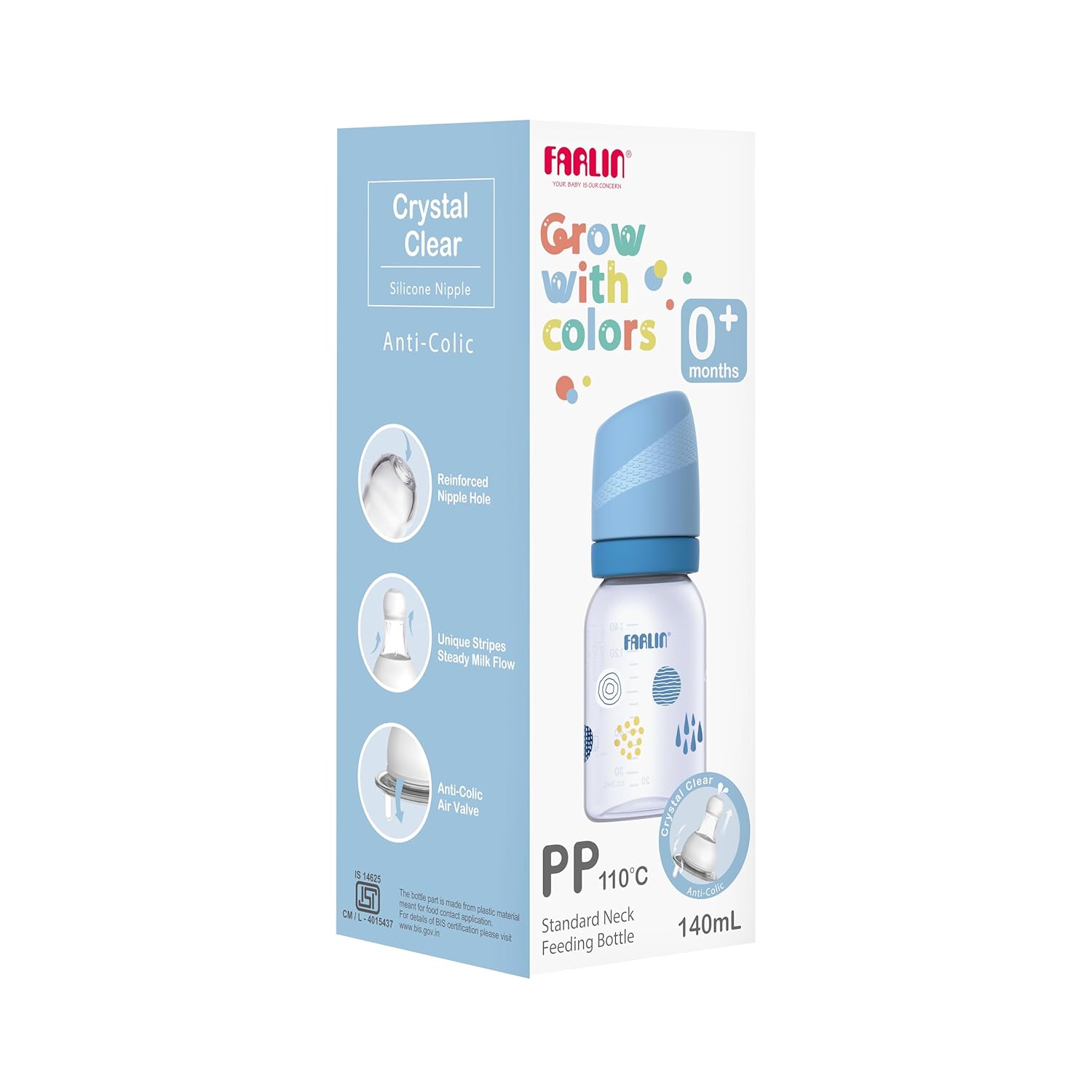 FARLIN Standard Neck PP Feeding Bottle 140ml, 0M+, BPA-Free, Anti-Colic Silicone Nipple, Ergonomic, Baby Feeding, Newborn, Durable, Easy-Clean-Blue
