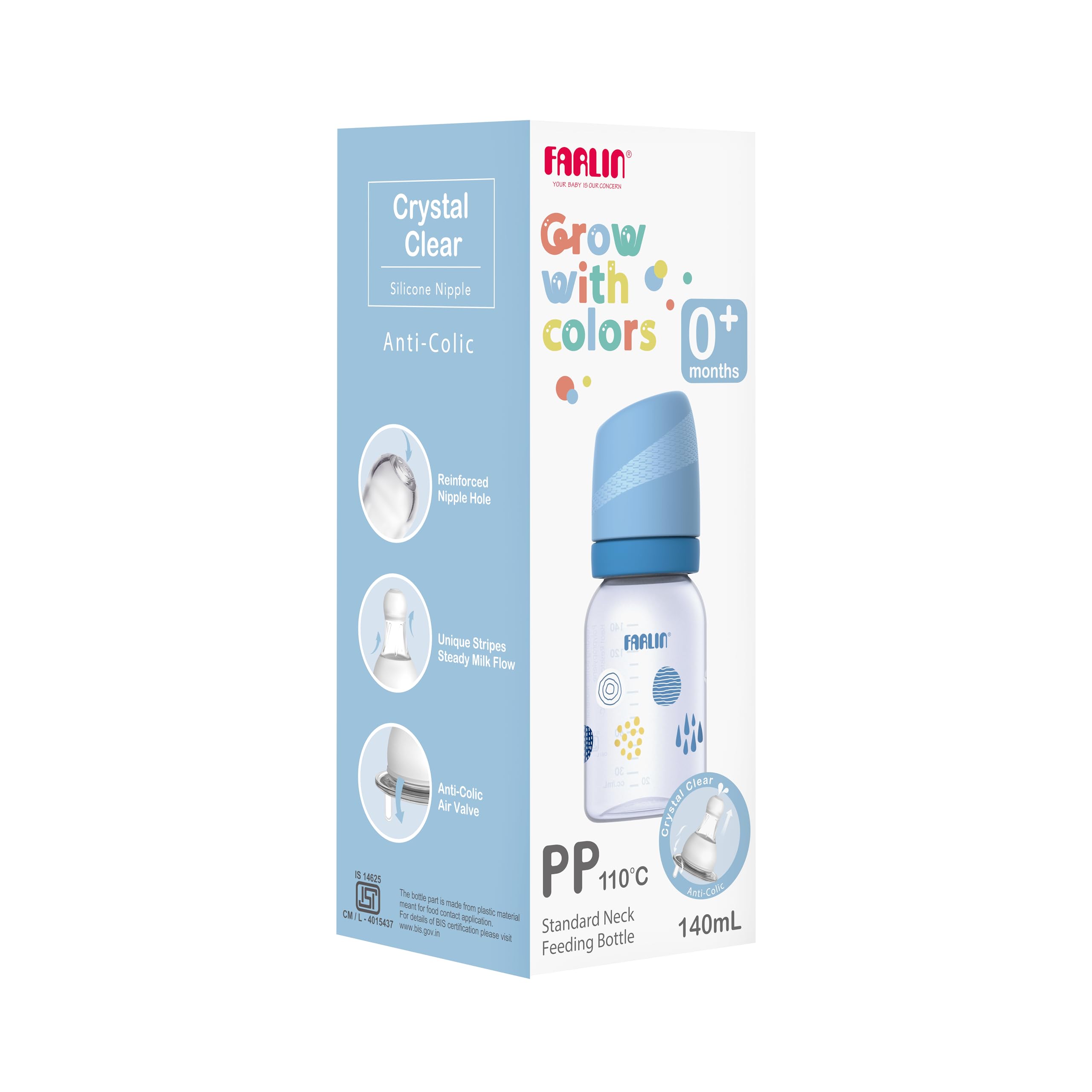 FARLIN Standard Neck PP Feeding Bottle 140ml, 0M+, BPA-Free, Anti-Colic Silicone Nipple, Ergonomic, Baby Feeding, Newborn, Durable, Easy-Clean-Blue-image-46