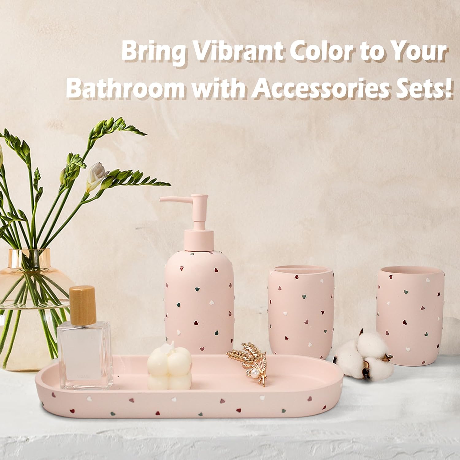 Bathroom Accessories Sets 4-Piece, Premium Pastel Heart Bathroom Accessory Complete Set - Toothbrush Holder, Lotion Soap Dispenser, Vanity Tray, Bathroom Tumbler for Countertop Vanity (Pink)