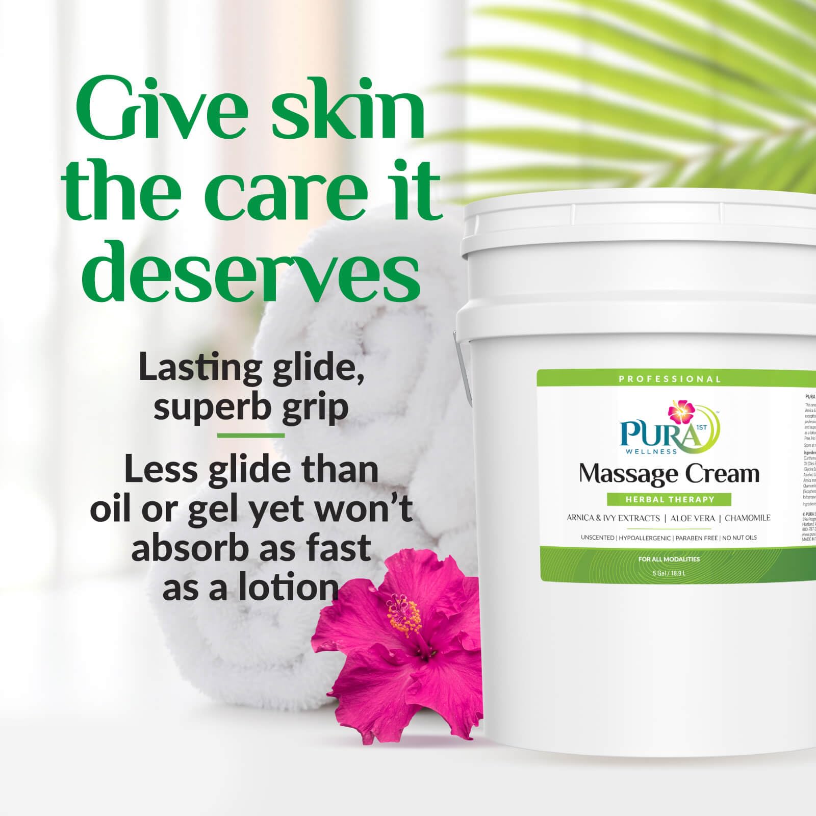 PURA 1ST Professional Herbal Therapy Massage Cream, Aloe Vera, Arnica Extract, Unscented, Hypoallergenic, Natural, Skin Moisturizing, Skin Hydrating, Deep Tissue, Wellness, Physical Therapy, 5 Gallon