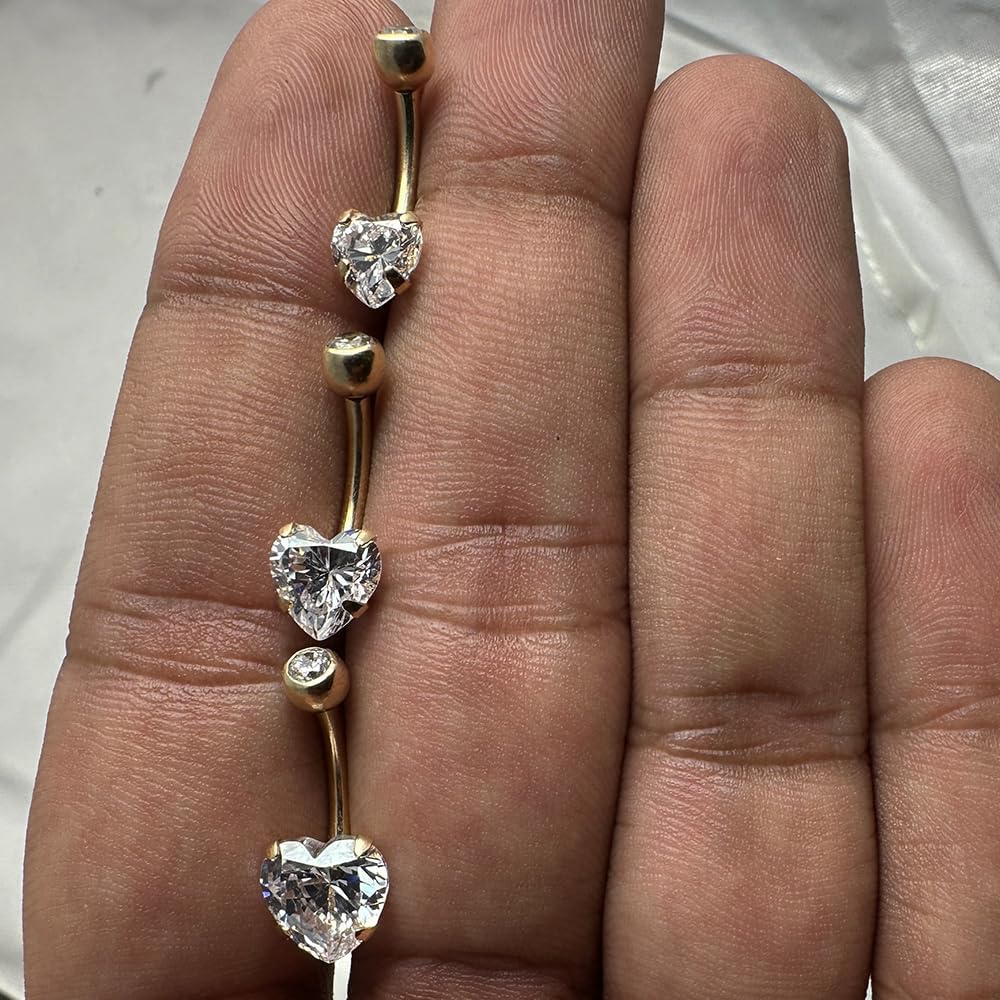 9K Solid Yellow Gold Heart Cz Stone 14 Gauge Internally Threaded Banana and Cz Stone Ball Top Belly Ring - Belly Button jewelry - Navel jewelry - Gold Navel Ring