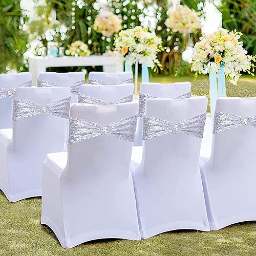 Miniatura 8 de SHElifestyle Bandas para sillas de lentejuelas con hebillas, paquete de 100 bandas elásticas de elastano para sillas de un lado para decoración de