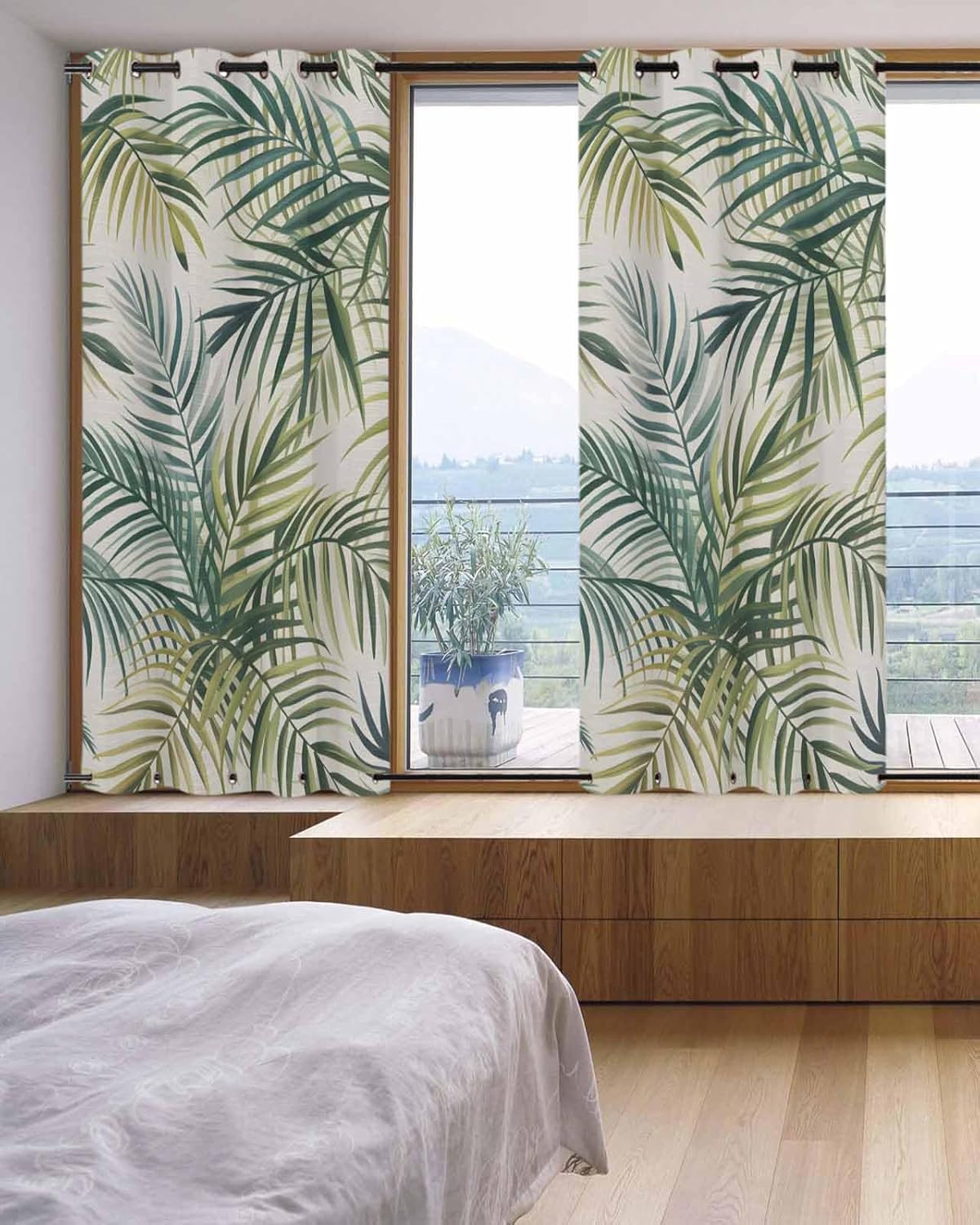 Outdoor Curtains for Patio, Palm Leaf Outside Curtain Top & Bottom with Grommets & Windproof Rope, Green Tropical Plant Summer Botanical Privacy Screen Drapes for Porch Balcony Gazebo, 54"x84"