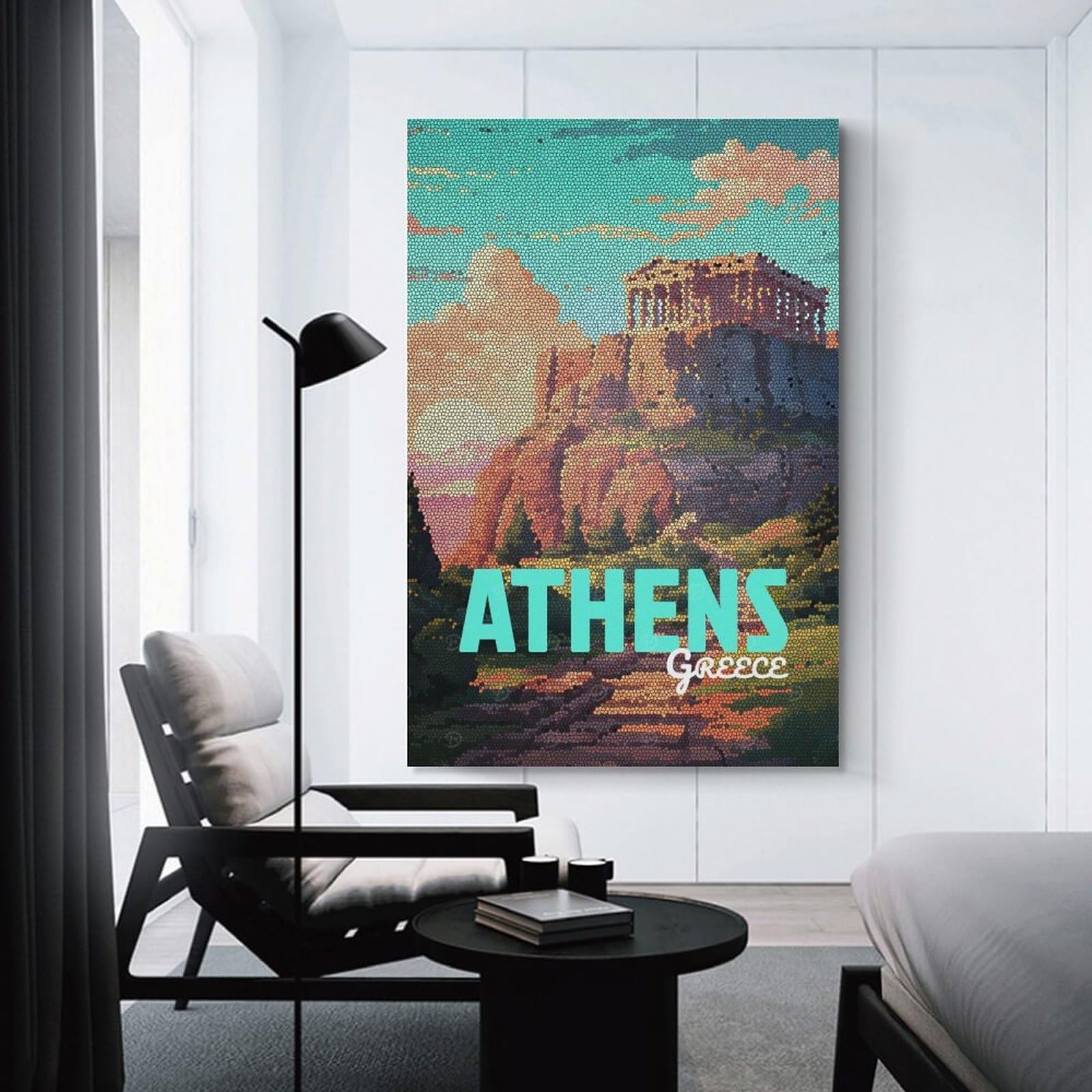 Junmoney Athens Greece Mosaic Art Canvas Wall Art, 24x36inch(60x90cm), for Living Room, Bedroom, Office Or Hallway, Versatile Wall Decor for Many Rooms