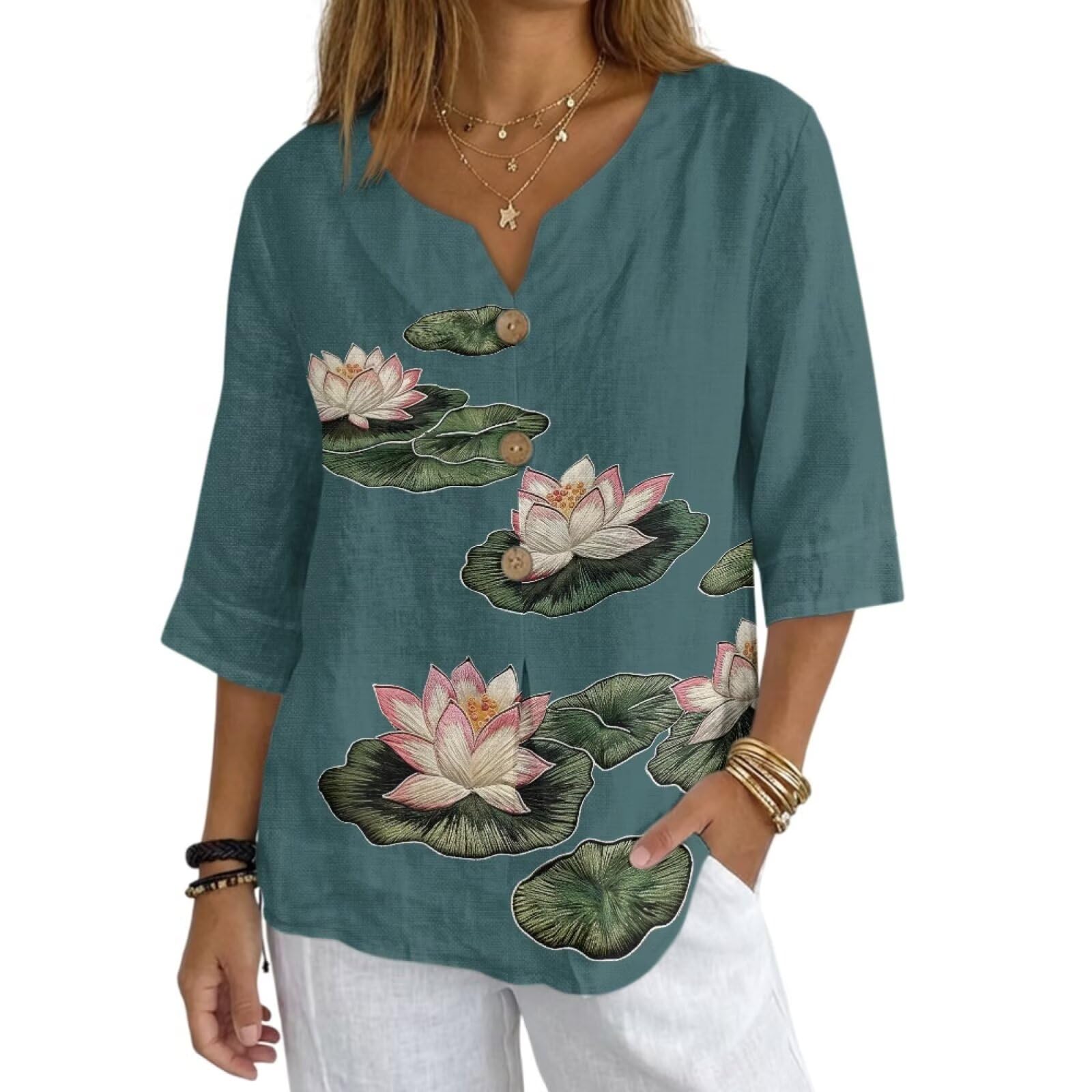 Women's V-Neck Tunic Top, Casual Polyester Linen Blouse with Decorative Buttons, Loose Fit Easy Care Everyday Wear