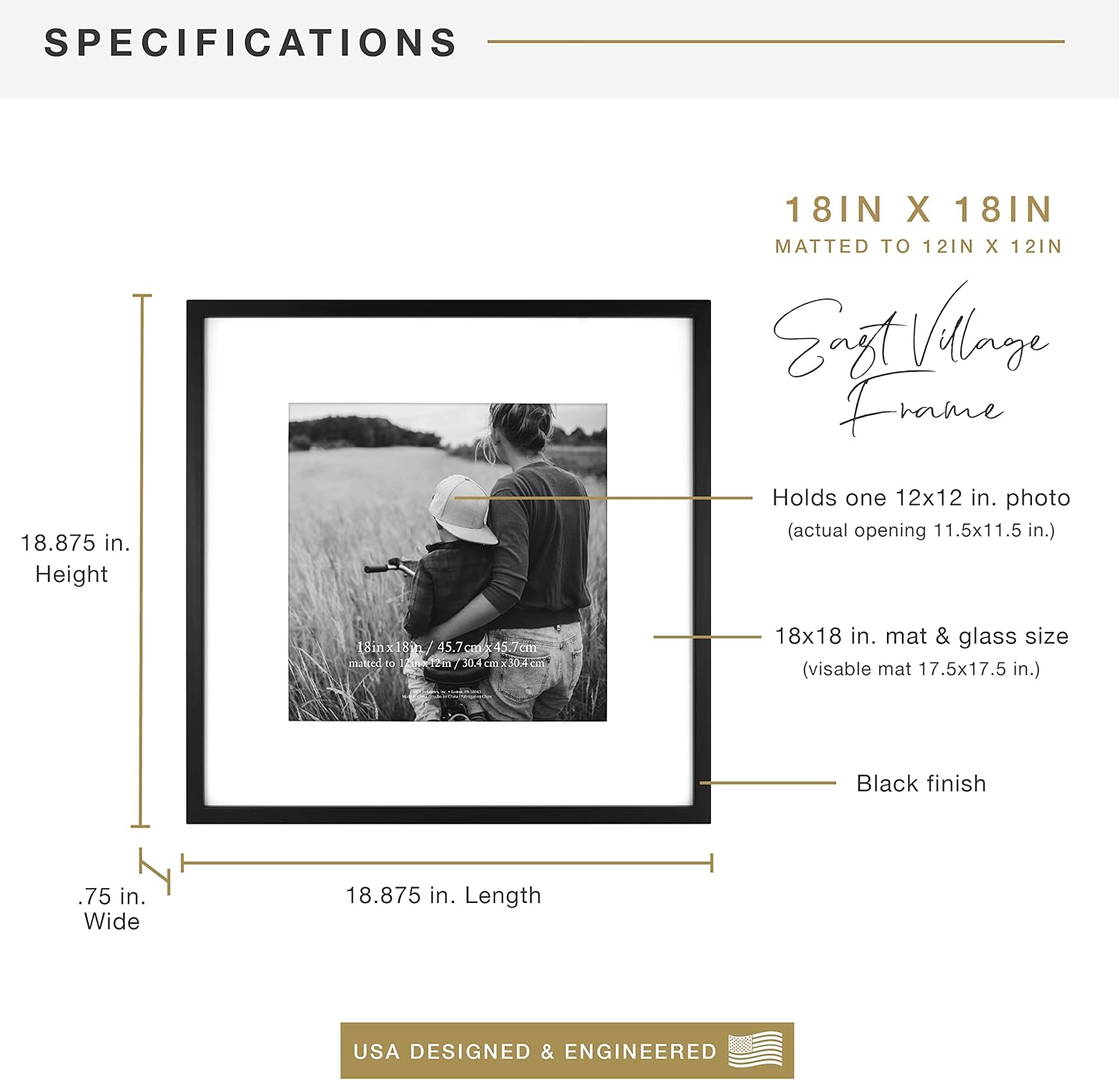 MCS East Village 18x18 Matted Square Picture Frame with 12x12 Photo Display, Black Wall Hanging Frame for Photos & Posters (1-Pack)