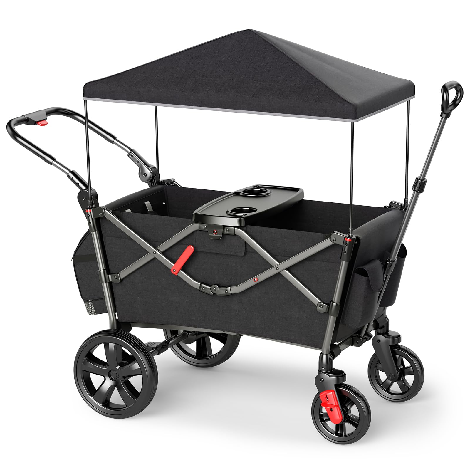 EVER ADVANCED Kids Wagon with Removable Canopy, Stroller Wagon for 2 Kids, Portable Push Pull Cart with Handle Bar - Black