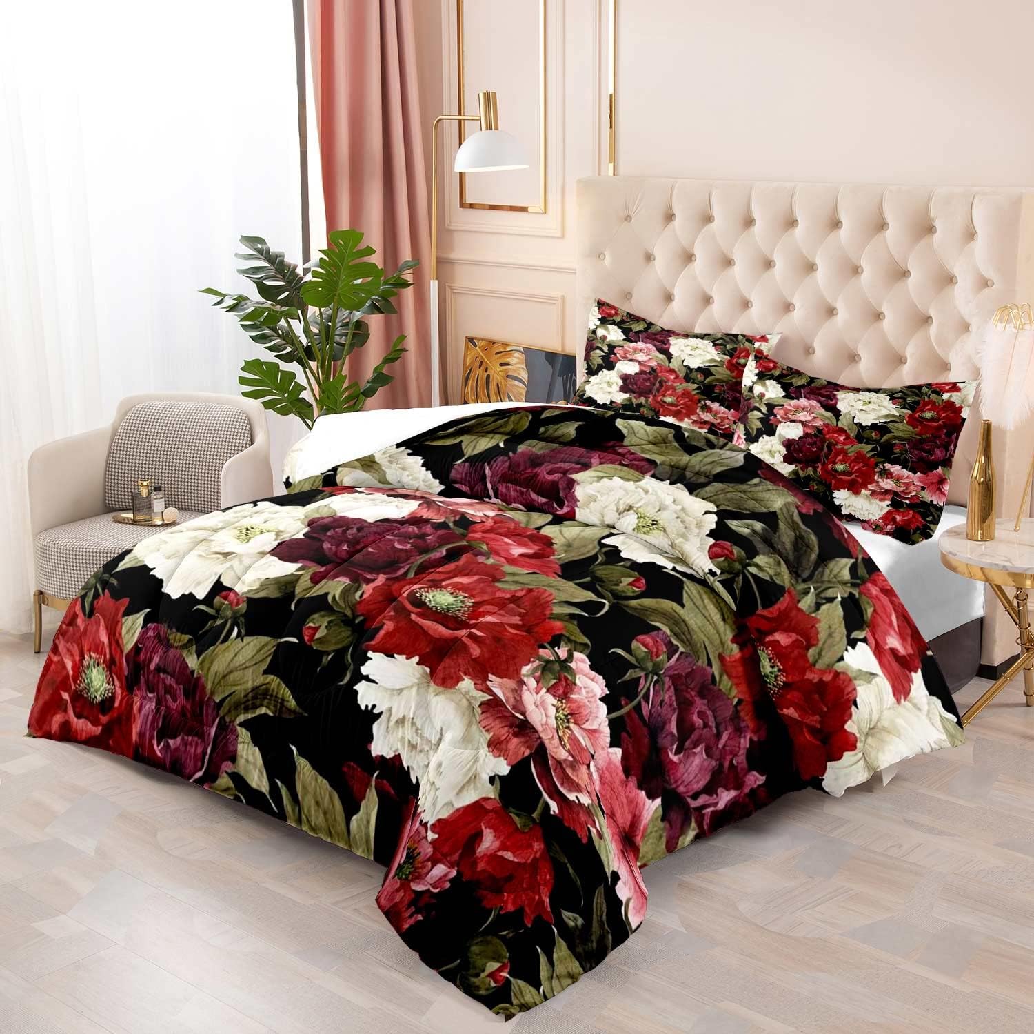 LUVIVIHOME 3PCS Pink Red Burgundy Floral Comforter Set Full Size, Shabby Chic Bedding Black Quilt, Watercolor Vintage Green Leaves Peony Rose Rustic Flower Bedroom Decor for Women Wife, 2 Pillow Shams