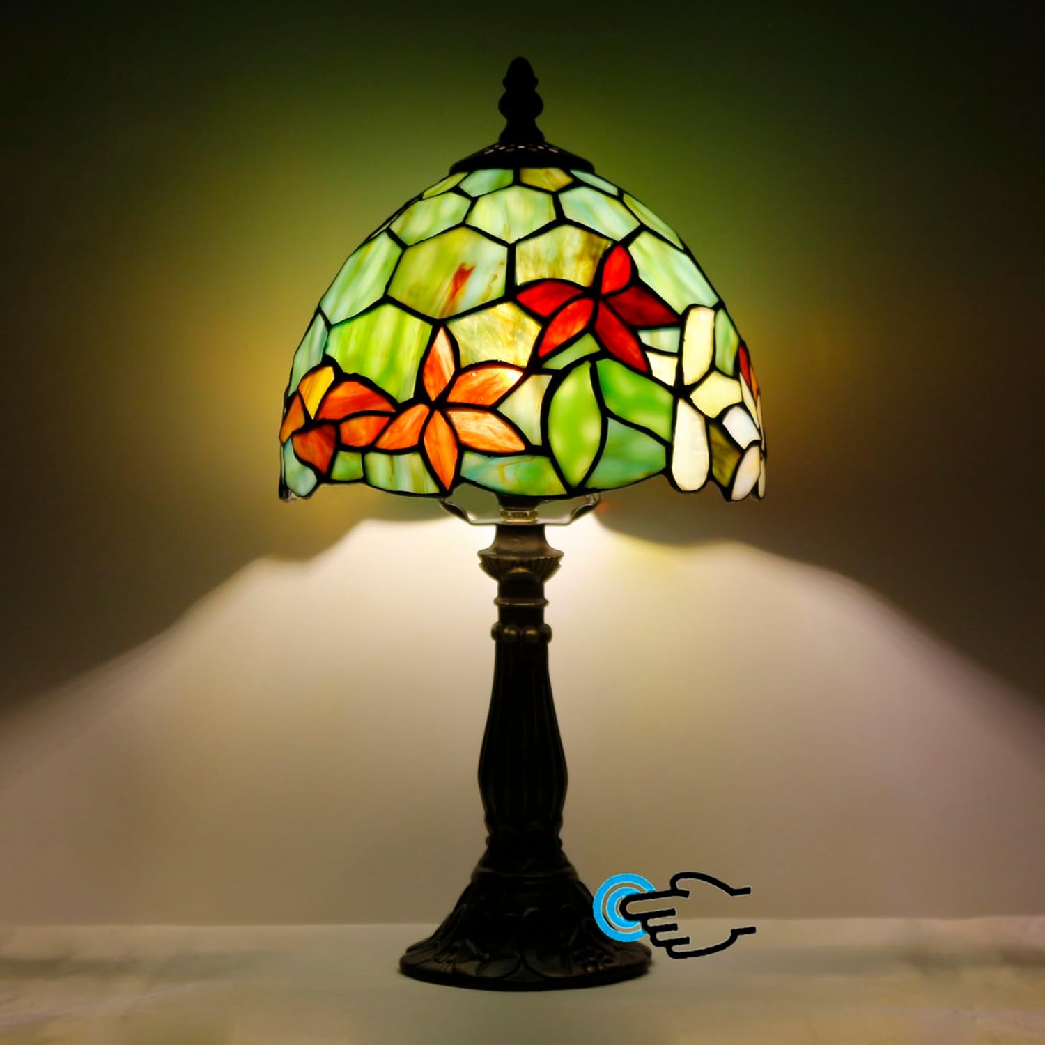 Tiffany Lamp Touch Control Table Lamp Red Yellow Green Flowers Stained Glass Desk Lamp 8X8X14.5 Inches Reading Light