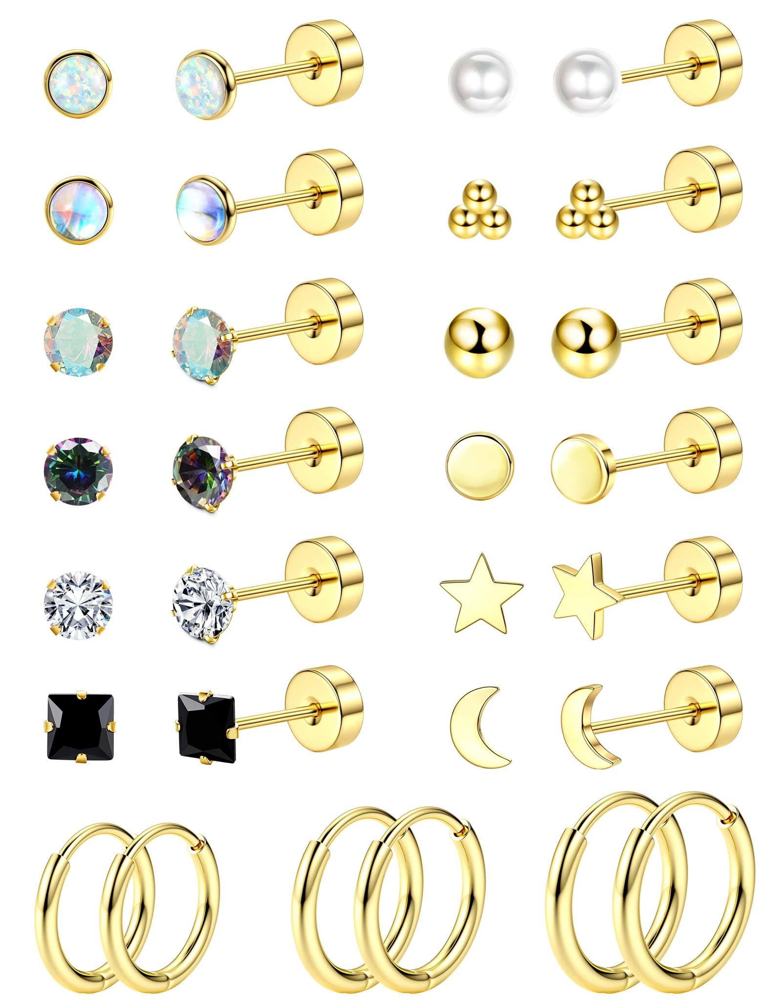 Jstyle Hypoallergenic Flat Back Stud Earrings for Women Men Surgical Stainless Steel Earrings for Sensitive Ears Small Stud Hoop Silver Gold Black