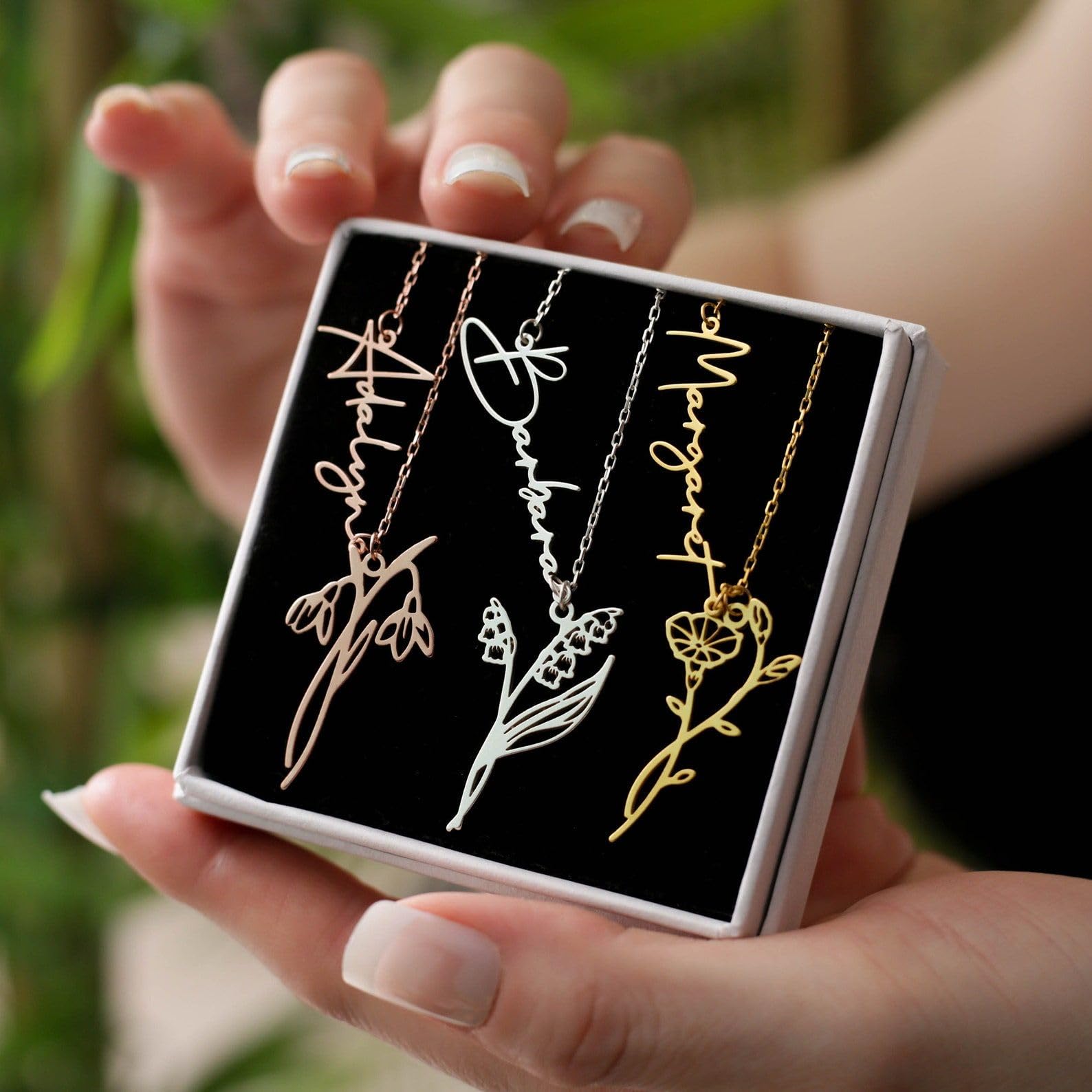 Argento sterling fiore di nascita collana con nome floreale gioiello Festa della Mamma