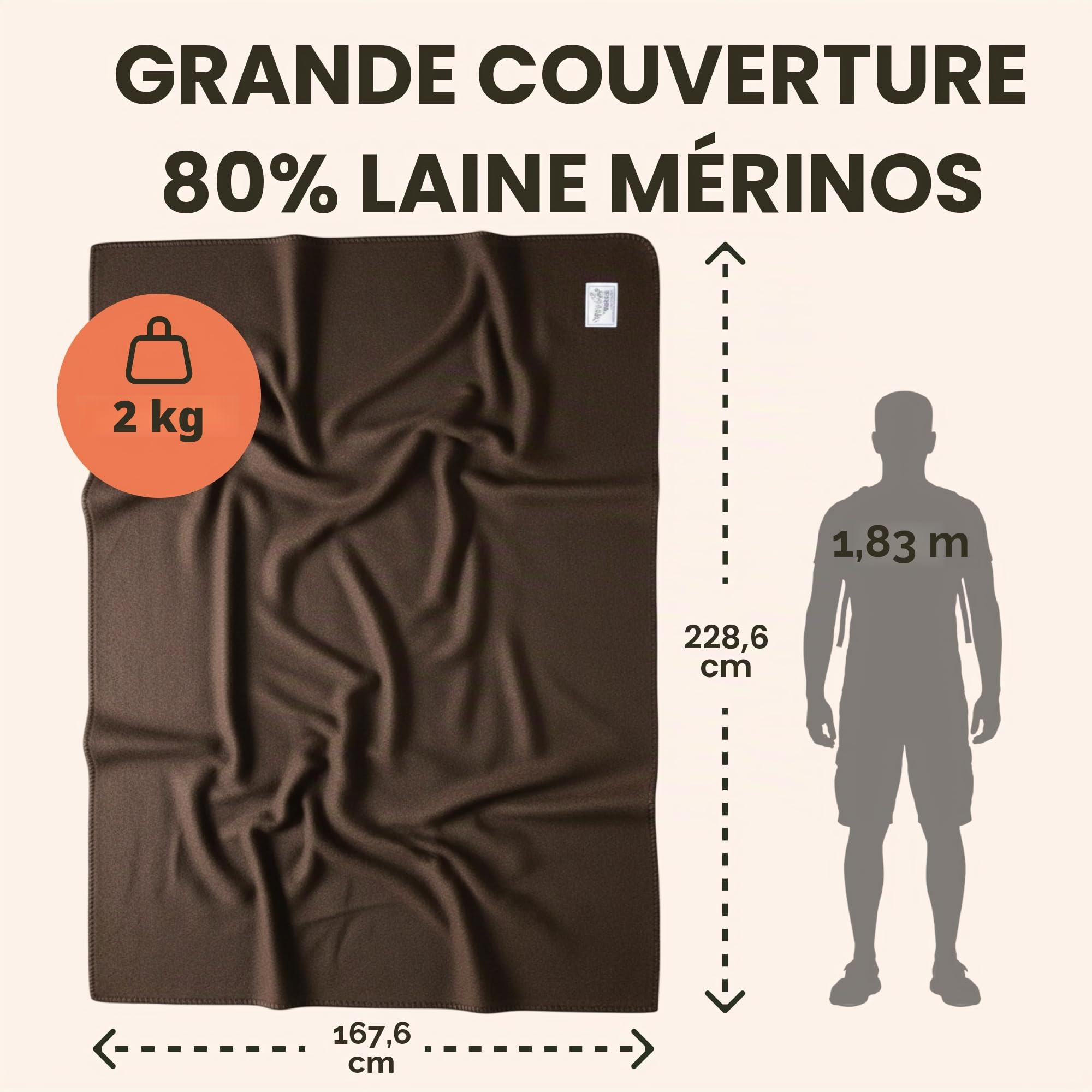 Woolly Mammoth Woolen Co. Couverture de Camping en Laine mérinos Taille XL – Idéale pour l'extérieur, Le Camping, Le Trekking, la randonnée, la Survie ou jeté à la cabane (Marron), 167,6 x 228,6 cm