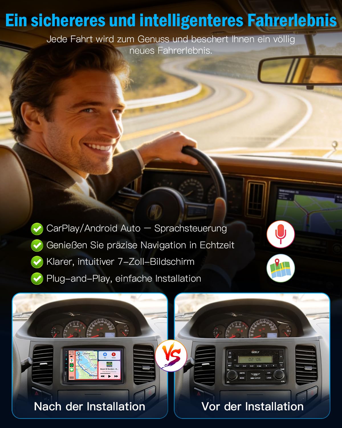 Doppel Din Radio Apple Carplay 7 Zoll 2Din Android Auto Autoradio mit HD IPS Bildschirm, Doppeldin Car Play Auto Radio Touch Display mit Navi, Bluetooth, AM/FM SWC