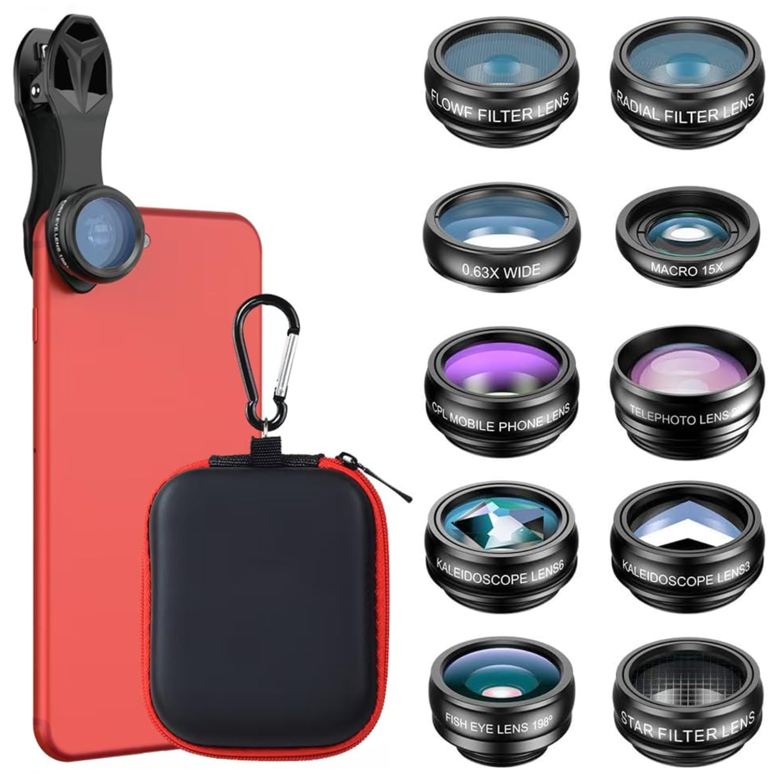 10-in-1 Universal Handy objektiv Set, Handy Kamera objektiv, 2X Teleobjektiv, 15X Makro Objektiv Handy, 0.63x Wide, 198° Fisheye Lens, für die meisten Smartphones
