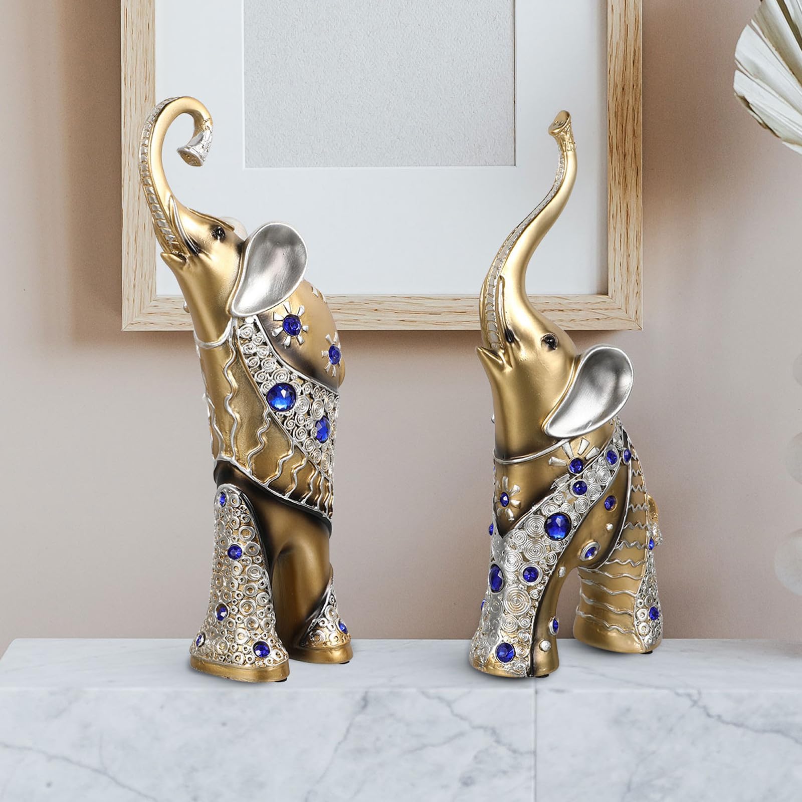 Figuras de Elefante Madre E Hijo de Resina Dorada 2 Piezas | Adornos para Interior y Coche, Estilo Clásico Exótico, Pieza Coleccionable para Escritorio